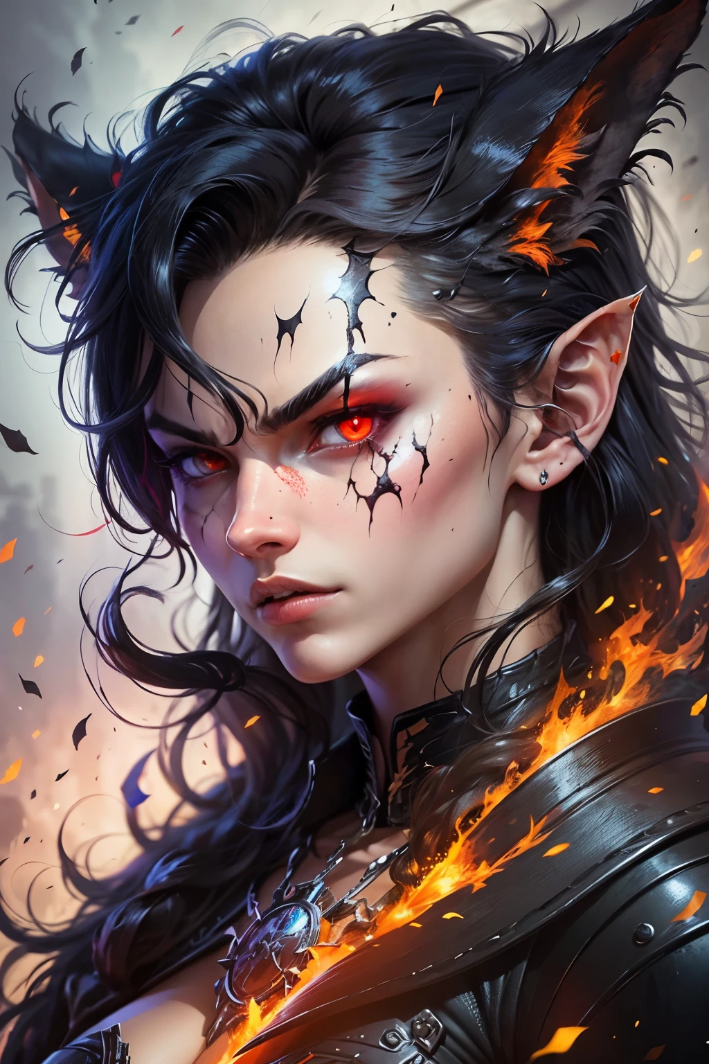 The Demon Lord looms in sinister grandeur, with glowing red eyes piercing through the darkness. His black, short hair appears wild and untamed, while his long claws create a menacing aura around him. His visage emanates an ominous power, striking fear into those who behold it. --auto --s2