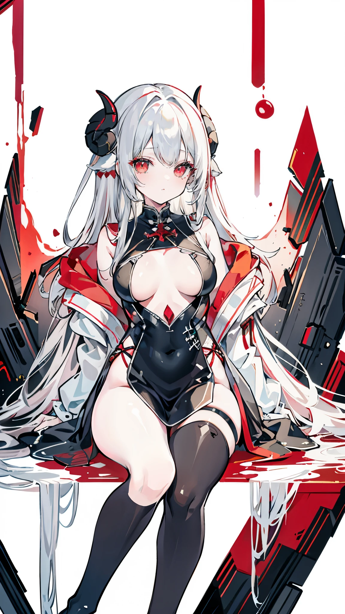 a girl，Sheep&#39;s horn, full color,  long white hair, Red眼睛 ，Eyeliner,  black transparent clothes, Red, open air, Rose, night, ruins, Butterfly，Soaked，Mecha，sitting，close up，up-close，open legs，soles of feet