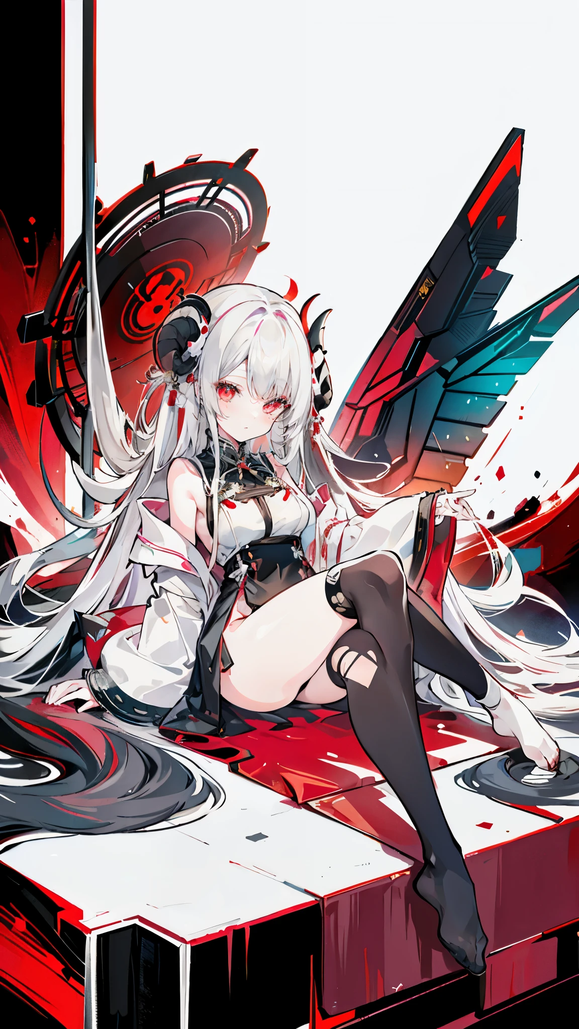 a girl，Sheep&#39;s horn, full color,  long white hair, Red眼睛 ，Eyeliner,  black transparent clothes, Red, open air, Rose, night, ruins, Butterfly，Soaked，Mecha，sitting，close up，up-close，open legs，soles of feet