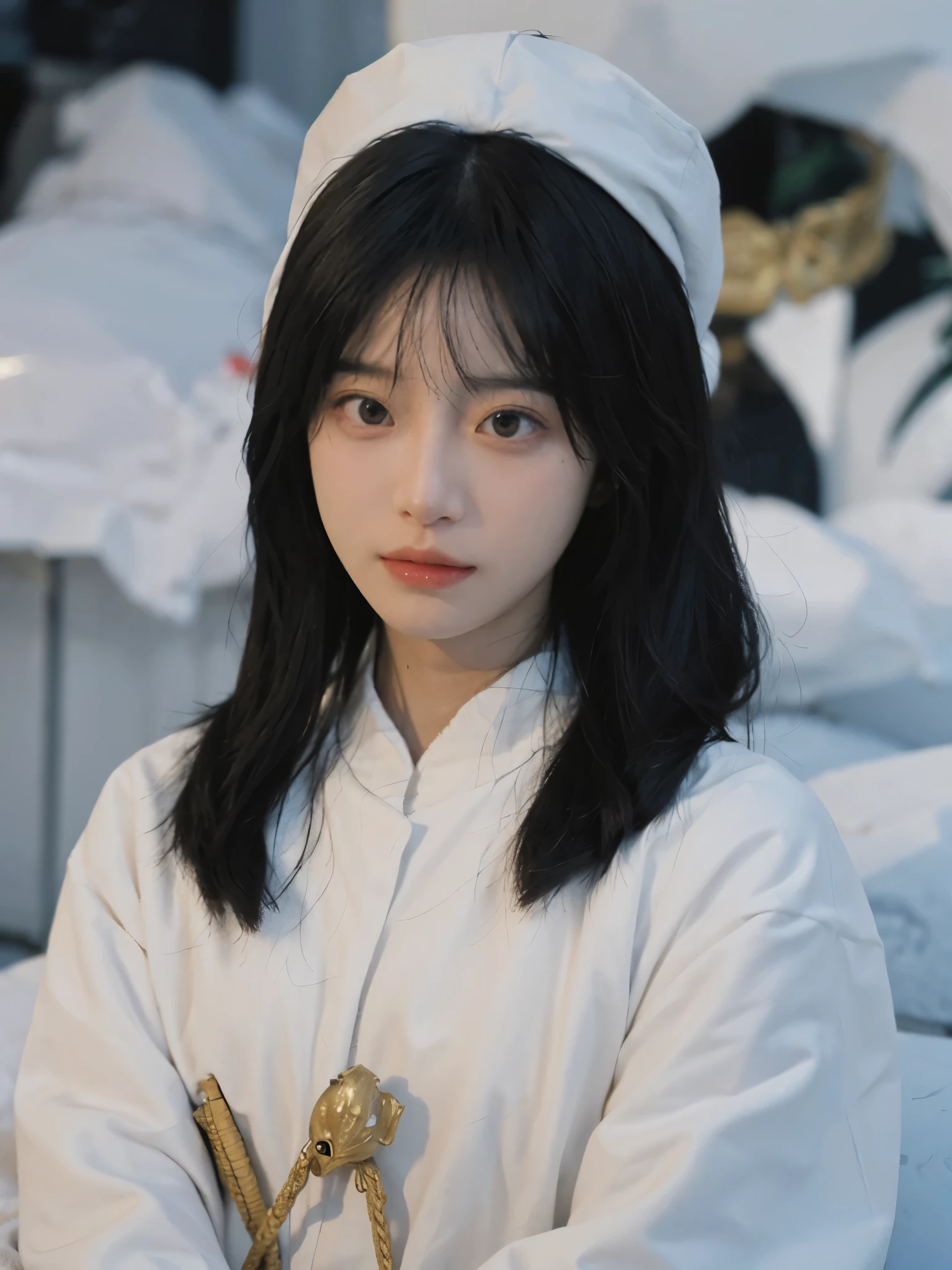 best quality, ultra high resolution, White background,(realistically:1.4), girl, A pair of eyes as clear as snow,Royal sister,Black long straight, looking at the audience, close up ,