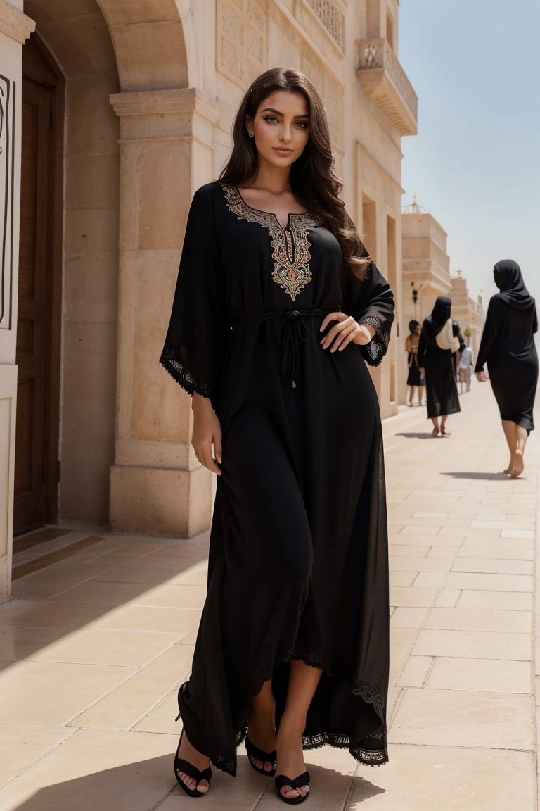 Instagram-Models posieren in corniche of Casablanca, in a black channel designed kaftan, full entire body, beautiful detailed eyes, beautifully detailed lips, extremely detailed eyes and face, kurzes, welliges rosa Haar ((best qulaity)), ((Meisterwerk)), (detailliert), perfektes Gesicht, full entire body