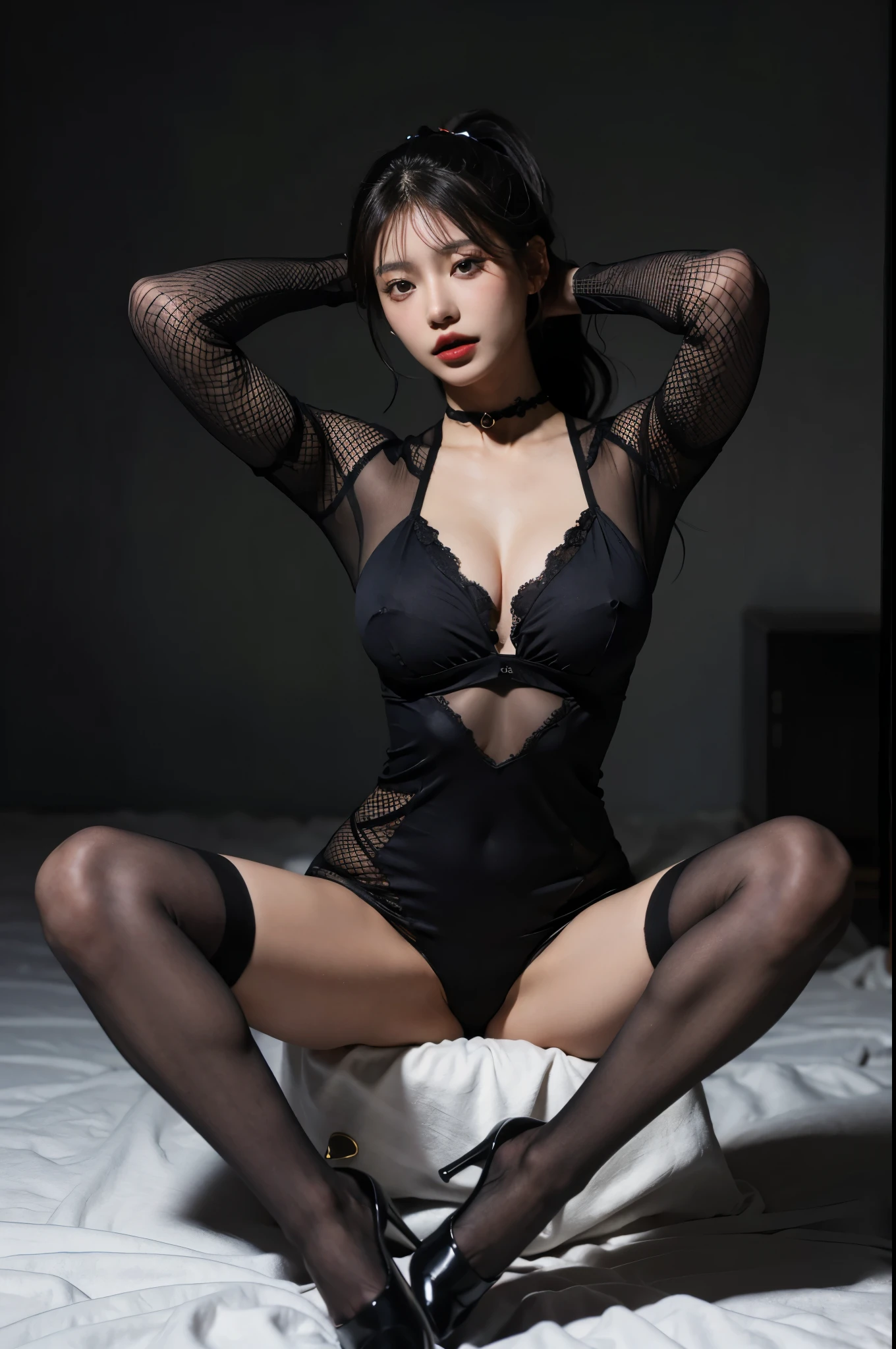 highest quality, masterpiece, ultra high resolution, (photorealistic: 1.4), ((sit and spread your legs))、Raw photo, japanese women、55 years old, black hair ponytail, shiny skin, wet body, dramatic lighting, Full body Esbian, Bitch, Red minuscule underwear, Fishnet tights、huge boobs、open your mouth、(hands behind head)、Full body Esbian、choker、high heels、