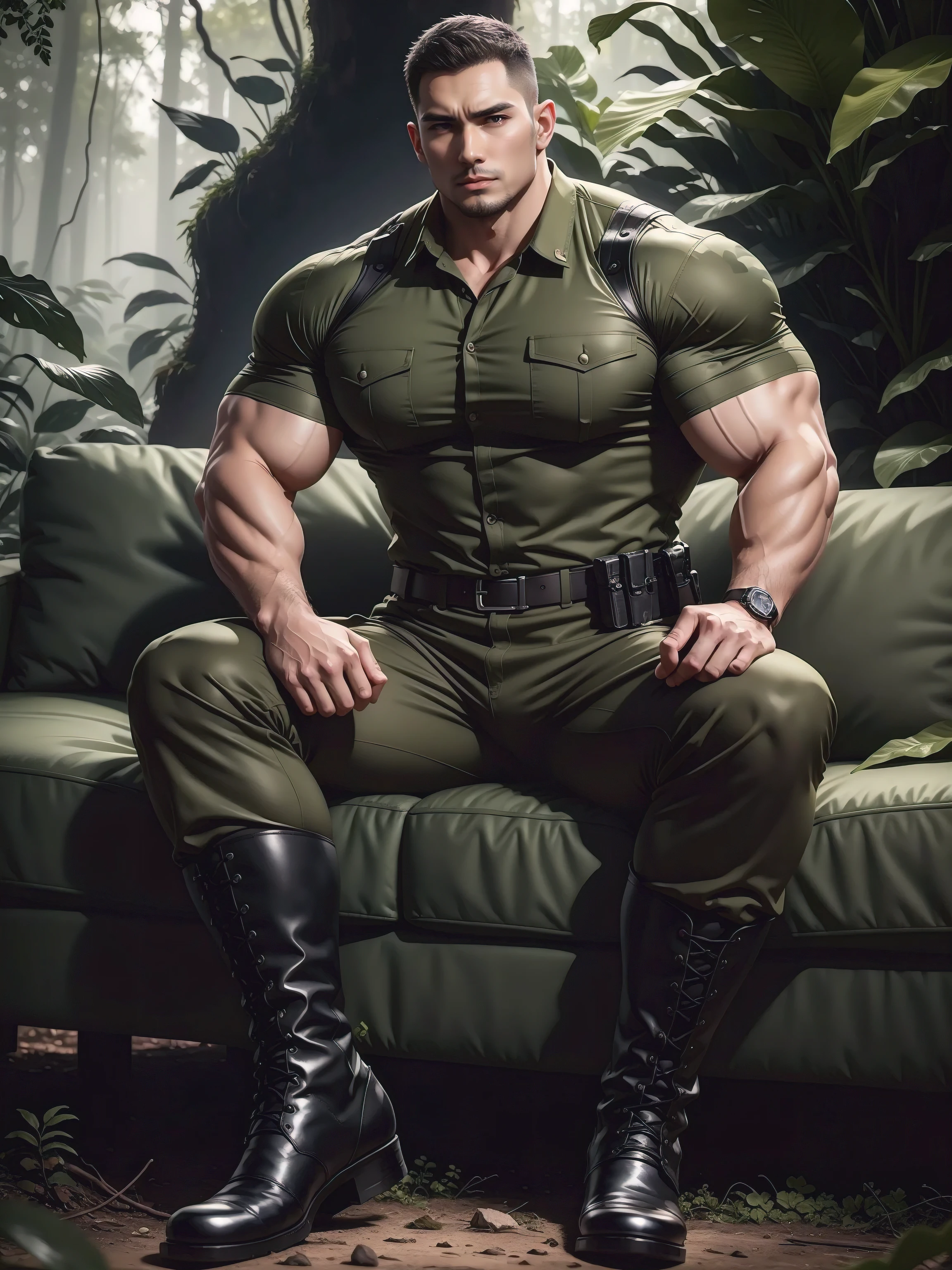 Sad frowning High giant muscular man sitting in the forest,Dark brown camouflage military uniform,character idea(Resident Evil - chris redfield,chris redfield)His hairstyle a crew cut,身穿Dark brown camouflage military uniform,Matte texture,Soft and comfortable sofa,Sitting in an eerie sugar cane jungle, The body wrapped in thick rattan,Sad expression,Deep and charming eyes,Sapphire Eyes Actor,heroic male pose,高urly,muscular!Charming leg muscles,High, burly, Heqiang, 身穿Dark brown camouflage military uniform, Super gain and cool, high resolution committee, Big feet in black boots,Charming strong man,The bright sunshine shines on you,matte particles,shiny texture