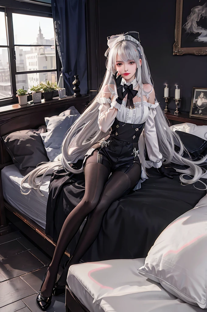 (((1 girl)),Ray tracing,(dim lights),[Detailed background (bedroom)),((silver hair)),((silver hair)),(Fluffy silver hair, plump and slender girl)) high ponytail)))) Avoid blonde eyes in the ominous bedroom ((((The girl wears exquisitely embroidered black high-waisted pants with a jumpsuit) and white ruffled bow gloves), Show off your exquisite figure and graceful curves, correct limbs, sitting on bed