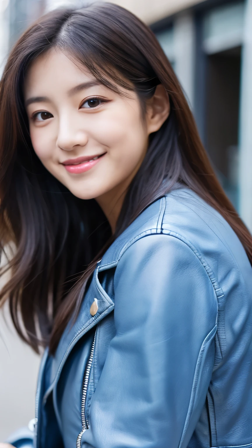 UHD, Extreme close-up of cute Korean female,Chest size 32 inches, straight medium hair, gray eyes, slightly smile, blue leather jacket and pants, standalone in the city, blurred background