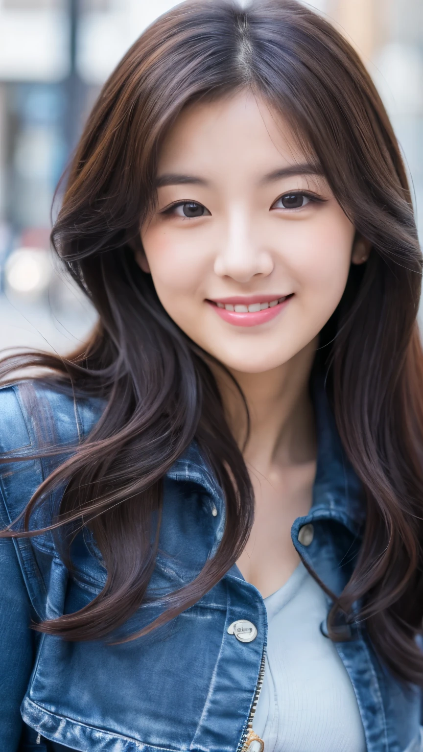 UHD, Extreme close-up of cute Korean female,Chest size 32 inches, straight medium hair, gray eyes, slightly smile, blue leather jacket and pants, standalone in the city, blurred background