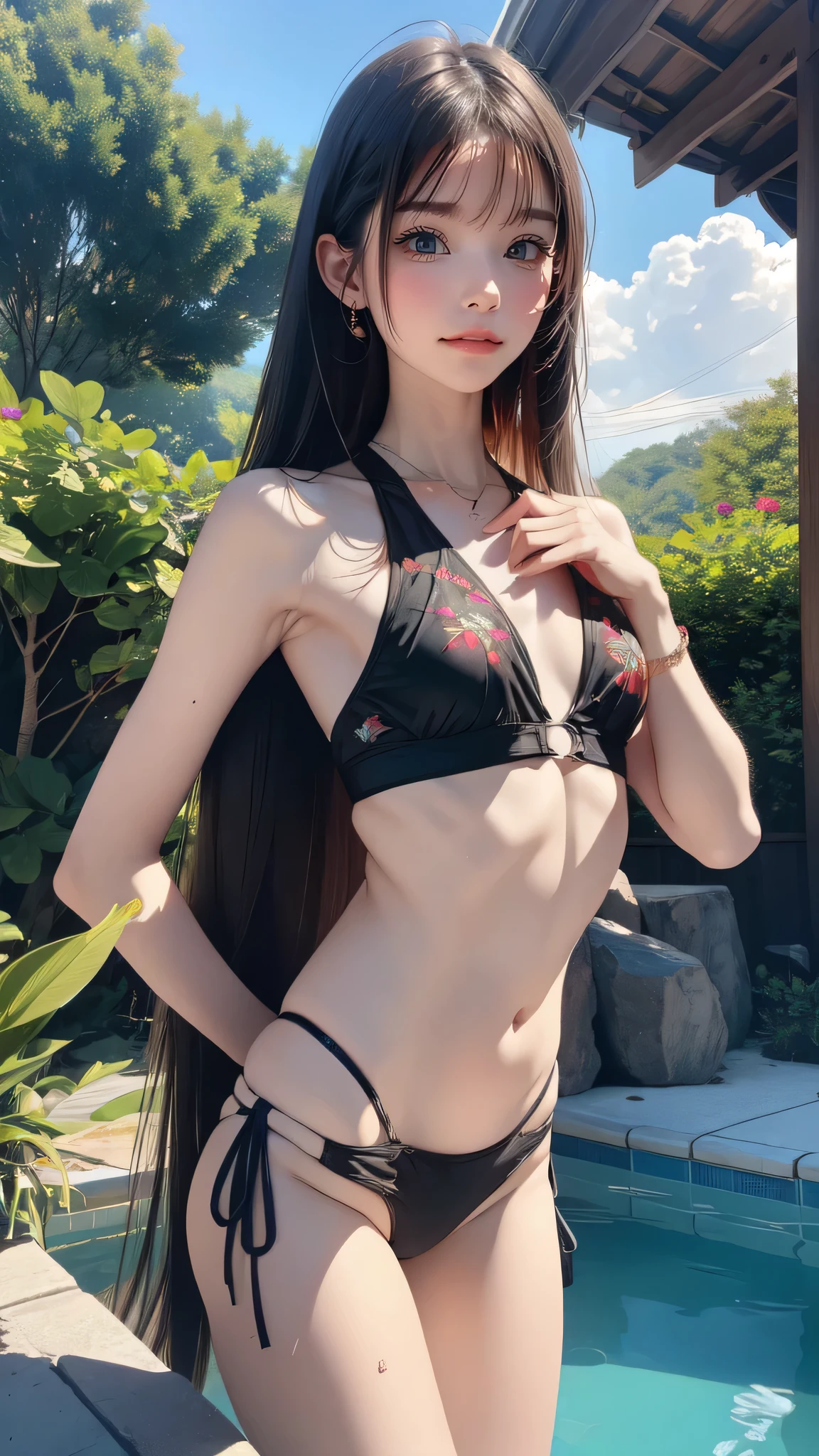 Poolside,(random active pose:1.8),embroidered rash guard,super dense skin,She is short,(Thin type:1.8),(small), beautiful breasts,(flat chest:1.5), white skin, pointed chest, erect nipples,(super thin hair), (super soft hair), (ultra straight hair:1.5),dull bangs, (movie-like scene, fantasy art, best image quality, hyperrealistic portrait, (8K), surreal, 最high quality, high quality, High resolution, fine texture, high detail, beautiful details, Detailed, Highly detailed CG, Detailedテクスチャー, realistic facial expression, masterpiece, before, dynamic, bold)