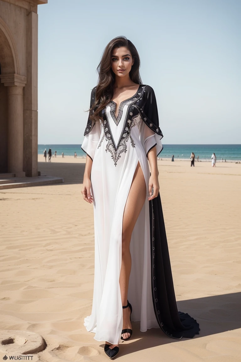 Instagram-Models posieren in corniche of Casablanca, in a black and white futuristic channel designed kaftan, full entire body, beautiful detailed eyes, beautifully detailed lips, extremely detailed eyes and face, kurzes, welliges rosa Haar ((best qulaity)), ((Meisterwerk)), (detailliert), perfektes Gesicht, full entire body