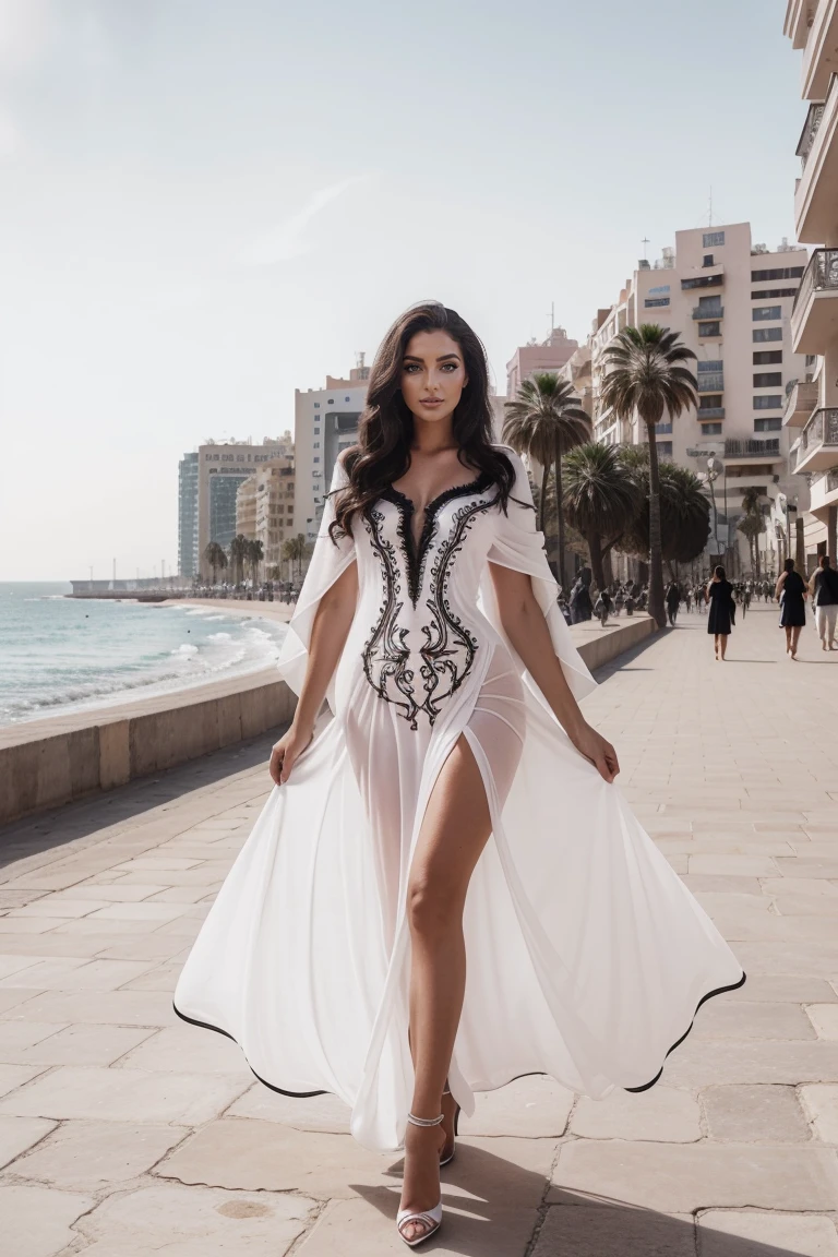 Instagram-Models posieren in corniche of Casablanca, in a black and white futuristic channel designed kaftan, full entire body, beautiful detailed eyes, beautifully detailed lips, extremely detailed eyes and face, kurzes, welliges rosa Haar ((best qulaity)), ((Meisterwerk)), (detailliert), perfektes Gesicht, full entire body