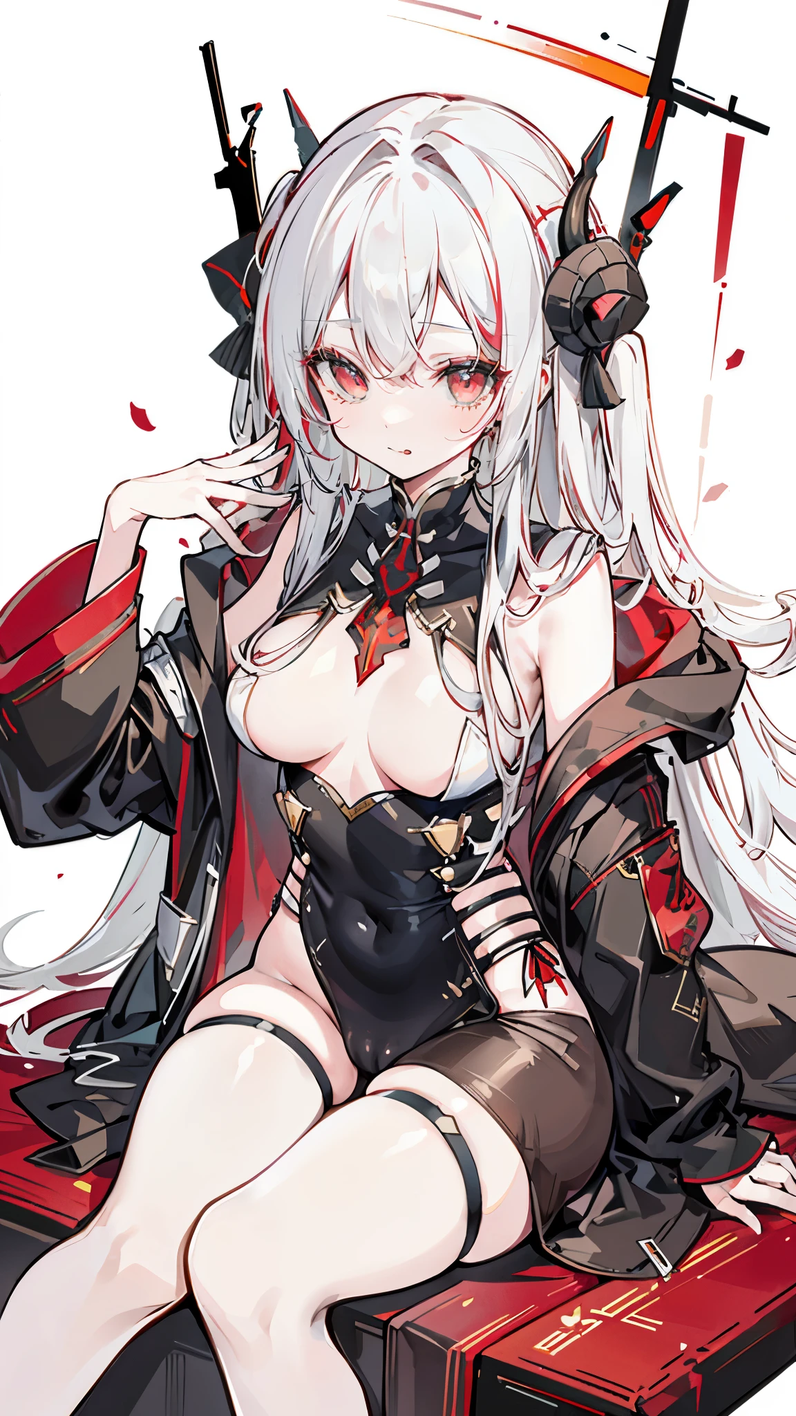 a girl,Sheep's horn, full color, long white hair, Red眼睛 ,Eyeliner, black transparent clothes, Red, open air, Rose, night, ruins, Butterfly,Soaked,Mecha,sitting,close up,up-close,open legs,camel toe,stick out your tongue,Playful