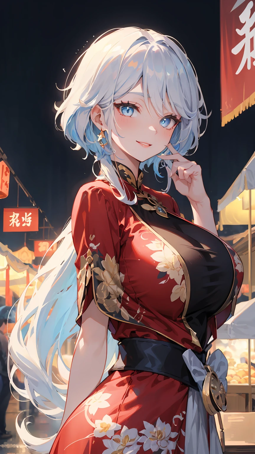 masterpiece, best quality, illustration, (dynamic lighting:1.2), cinematic lighting, reflection, delicate facial features, detailed eyes, sharp pupils, realistic pupils, depth of field, bokeh, sharp focus, (hyper-detailed, bloom, glow:1.4), exceptional beauty, alluring face, cute look, multicolored hair, short white hair, blue hair strands, enchanting blue eyes, sparkle, sparkling, white dress, chinese traditional dress, chinese long dress, dragon pattern, jewelry, gems, ornaments, delicate features, 1girl, solo focus, white skin, intense bright, medium shot, absurdres, high-res, ultra-detailed, front view, from front, furina, genshin impact, large breasts, huge breasts, (huge_breasts:1.1), perfect breasts, hair ornaments, earrings, perfect arms, perfect hands, perfect fingers, perfect body, perfect, embarrassing, blushing, smiling, angelic, lunar, new year background, lunar new year background, lantern, night market background, expert shading, extreme light effects, glare, fireworks, dragon, sharp eyelash, red lips, dynamic pose, gesturing, collarless,
