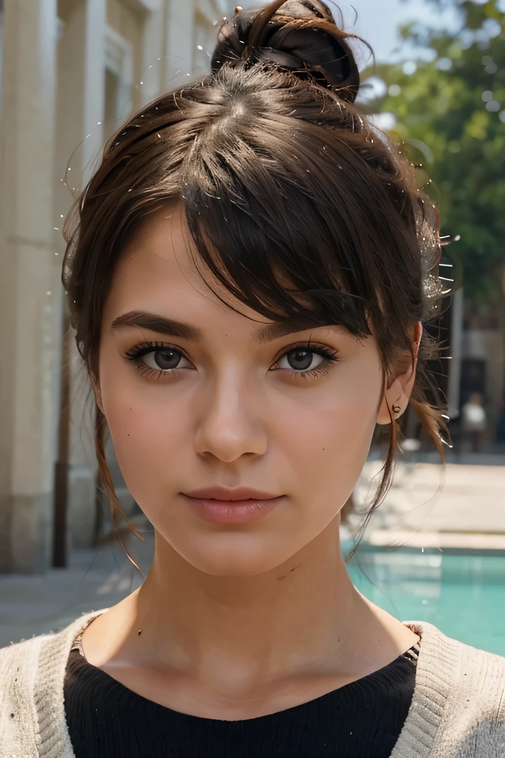 Create the realistic face of a 23-year-old brunette woman, Cabello recogido, Brown eyes
