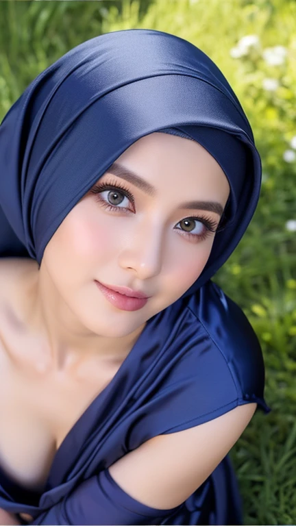 Masterpiece, realistic, best quality, best lighting, 1 pretty girl with angelic face, ((full body photo shot head to toe)), beautifully makeup, eyeshadow, Parted Lips, Detailed Eyes, beautiful big eyes, long eye lashes, smile, wearing ((Dark blue satin headscarf)), loosely tide hijab style, (fully naked), very big breast, sitting in the yard, cross leg