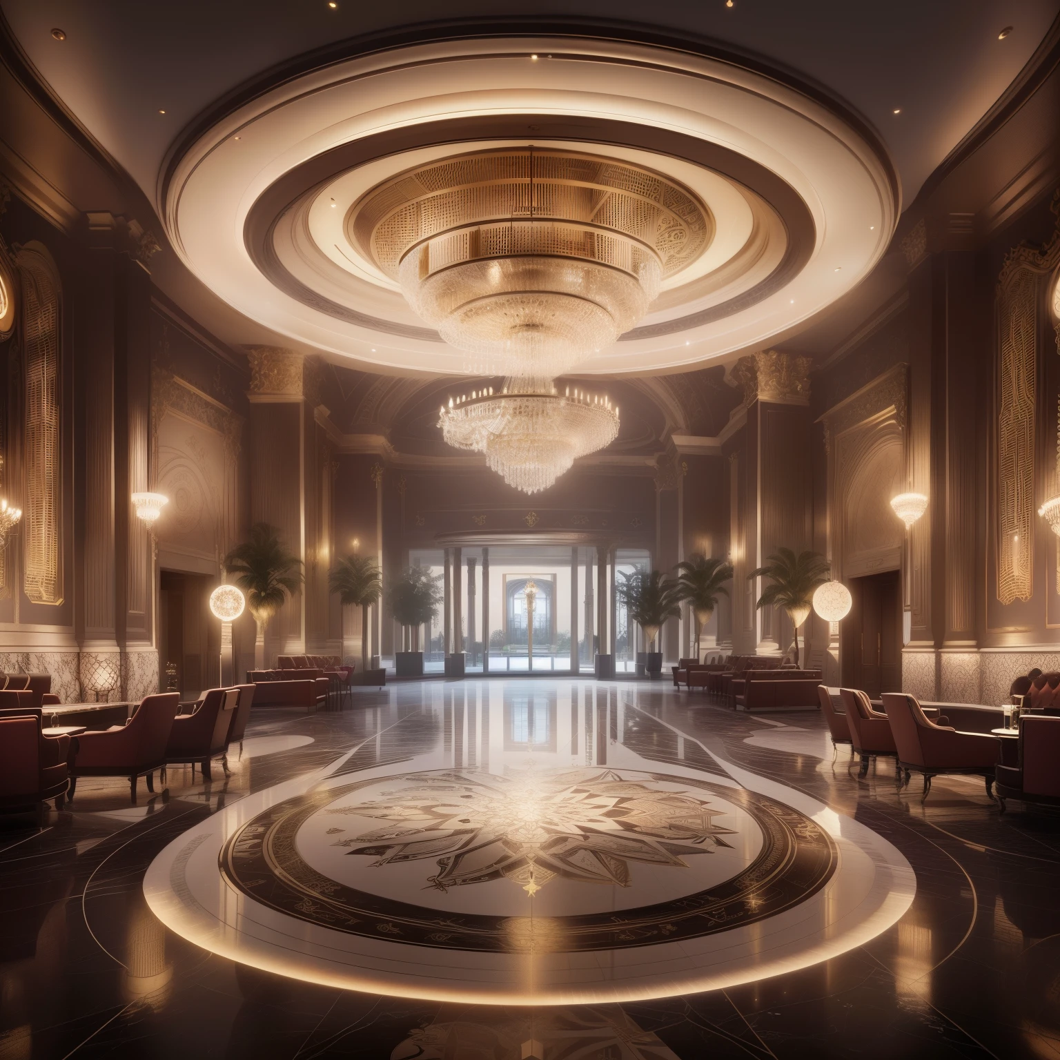a representation of a large lobby with a circular chandelier and a circular chandelier, cassino futurista, art deco realista, dentro de um cassino, renderizar no motor irreal 5, renderizado no motor irreal 5, detailed rendering of unreal engine 5, unreal cinematic 6, mecanismo irreal 5 altamente renderizado, mecanismo irreal renderizado 5, renderizado no motor irreal 6, cassino interno, luxury hd rendering, noite