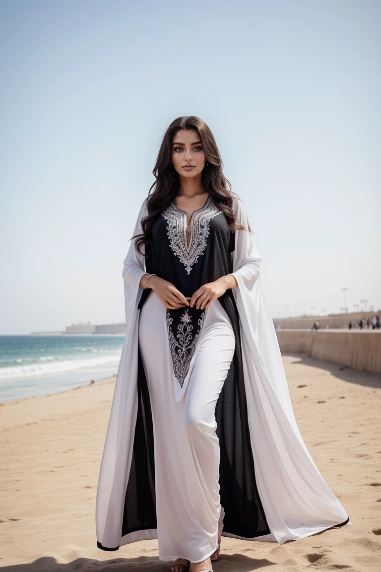 Instagram-Models posieren in corniche of Casablanca, in a black and white futuristic kaftan, full entire body, beautiful detailed eyes, beautifully detailed lips, extremely detailed eyes and face, kurzes, welliges rosa Haar ((best qulaity)), ((Meisterwerk)), (detailliert), perfektes Gesicht, full entire body