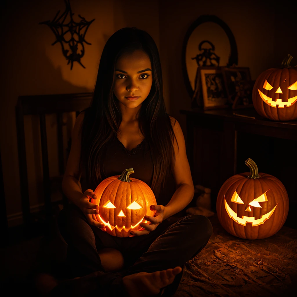 A spooky scene of intricate pumpkin carvings, glowing in the dark. A beautiful girl with detailed eyes, lips, and face is delicately carving a pumpkin with a knife. The pumpkins are carved with various Halloween themed designs such as witches, ghosts, and bats. The girl is sitting on a wooden stool in a dimly lit room. The room is decorated with spider webs, candles, and eerie shadows. The girl's expression is focused and determined as she carefully carves each intricate detail. The carvings on the pumpkins are incredibly detailed, with deep grooves and lifelike textures. The scene is captured in high resolution, with vibrant colors and sharp focus. The atmosphere is dark and mysterious, with a slight blue color tone. The lighting is from the flickering candles, casting spooky shadows on the walls. The girl's hands are illuminated by a soft, warm glow from the pumpkin as she carves. The overall effect is realistic and photorealistic, giving the impression of a hauntingly beautiful Halloween masterpiece.