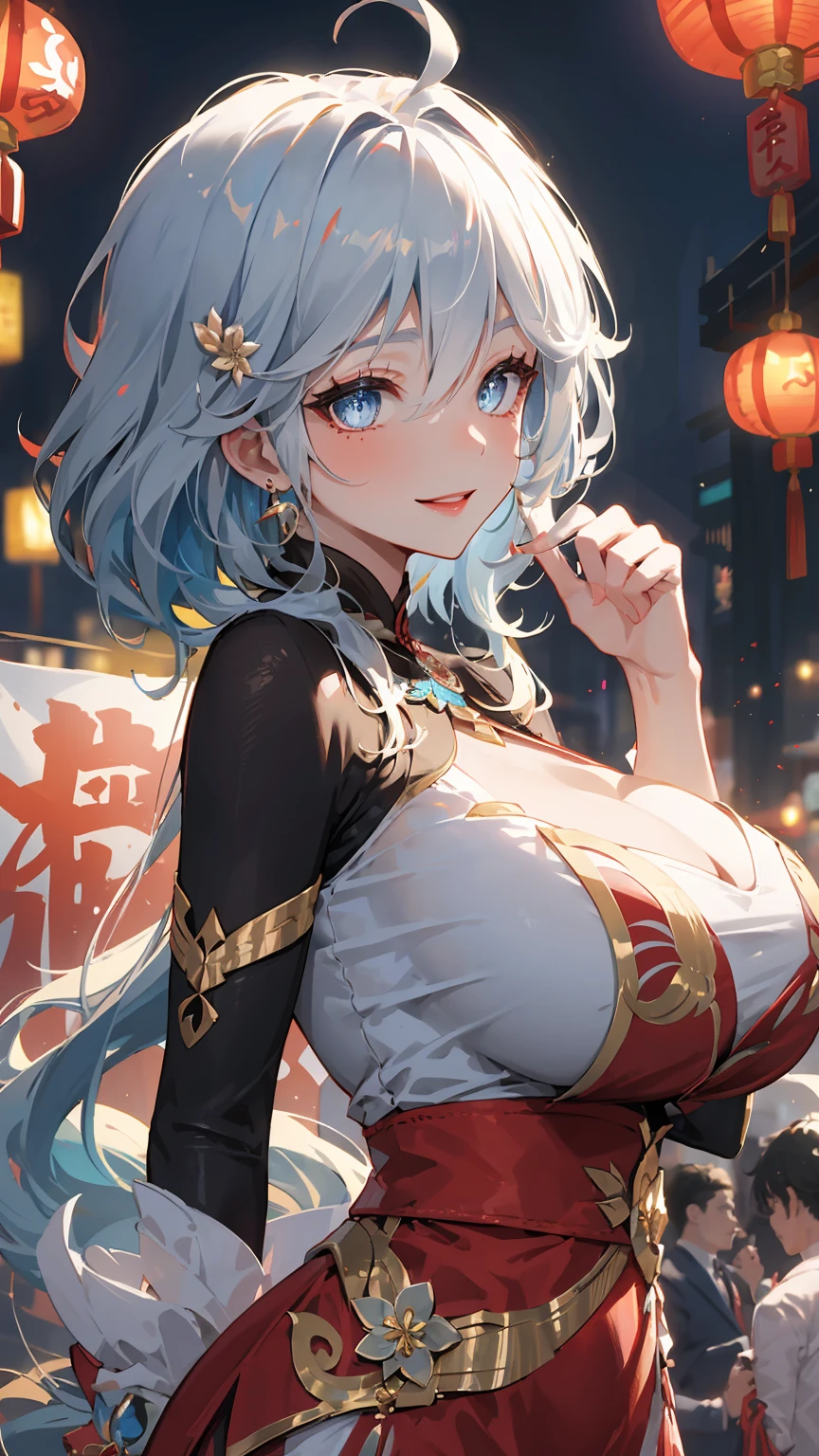masterpiece, best quality, illustration, (dynamic lighting:1.2), cinematic lighting, reflection, delicate facial features, detailed eyes, sharp pupils, realistic pupils, depth of field, bokeh, sharp focus, (hyper-detailed, bloom, glow:1.4), exceptional beauty, alluring face, cute look, multicolored hair, short white hair, blue hair strands, enchanting blue eyes, sparkle, sparkling, white dress, white dress, chinese traditional dress, chinese long dress, dragon pattern, jewelry, gems, ornaments, delicate features, 1girl, solo focus, white skin, intense bright, medium shot, absurdres, high-res, ultra-detailed, front view, from front, furina, genshin impact, large breasts, huge breasts, (huge_breasts:1.1), perfect breasts, hair ornaments, earrings, perfect arms, perfect hands, perfect fingers, perfect body, perfect, embarrassing, blushing, smiling, angelic, lunar, new year background, lunar new year background, lantern, night market background, expert shading, extreme light effects, glare, fireworks, dragon, sharp eyelash, red lips, dynamic pose, gesturing, collarless,