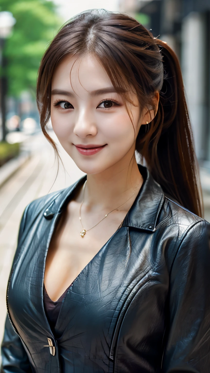 UHD, Extreme close-up of cute Korean female,Chest size 32 inches, ponytail, gray eyes, slightly smile, black leather suit, standalone in the city, blurred background