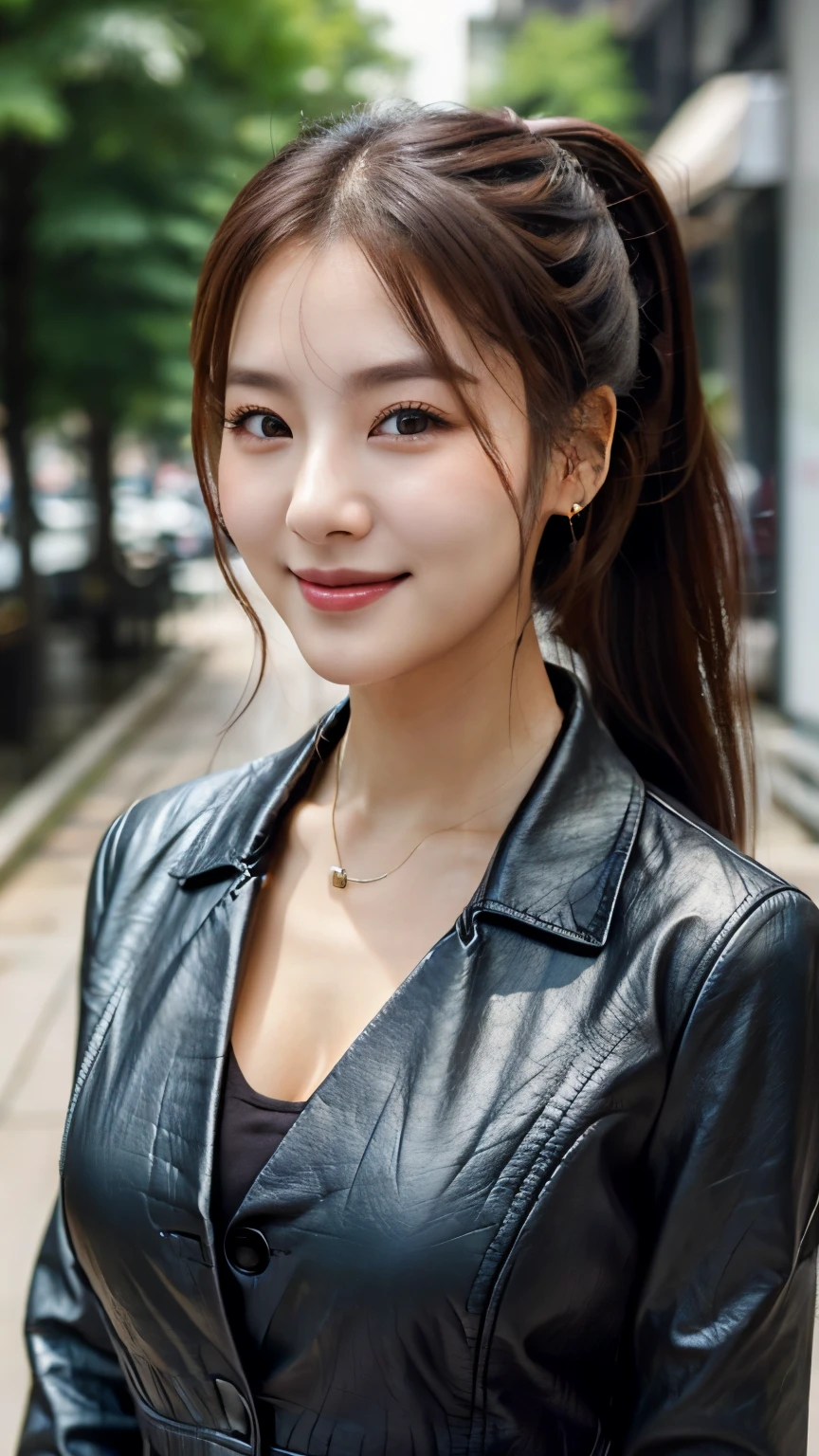 UHD, Extreme close-up of cute Korean female,Chest size 32 inches, ponytail, gray eyes, slightly smile, black leather suit, standalone in the city, blurred background