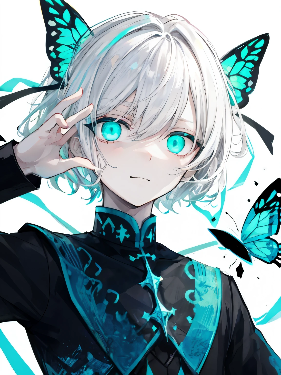 highest quality、muste piece、super detailed、perfect face、very detailed、very delicate、1 boy, (scared), (white hair)、one knot、dark, shining eyes, Light green eyes, holy, ,whiteのチュニック,race, full of confidence, please keep your mouth shut、expressive eyes, collofull eyes, contrast, shadowy, muste piece, digital art, shining eyes, Intimidating, damaged, devilish, abstract background, white, black and teal、両手にwhiteく輝く星を浮かばせる、fear、A light blue butterfly dances