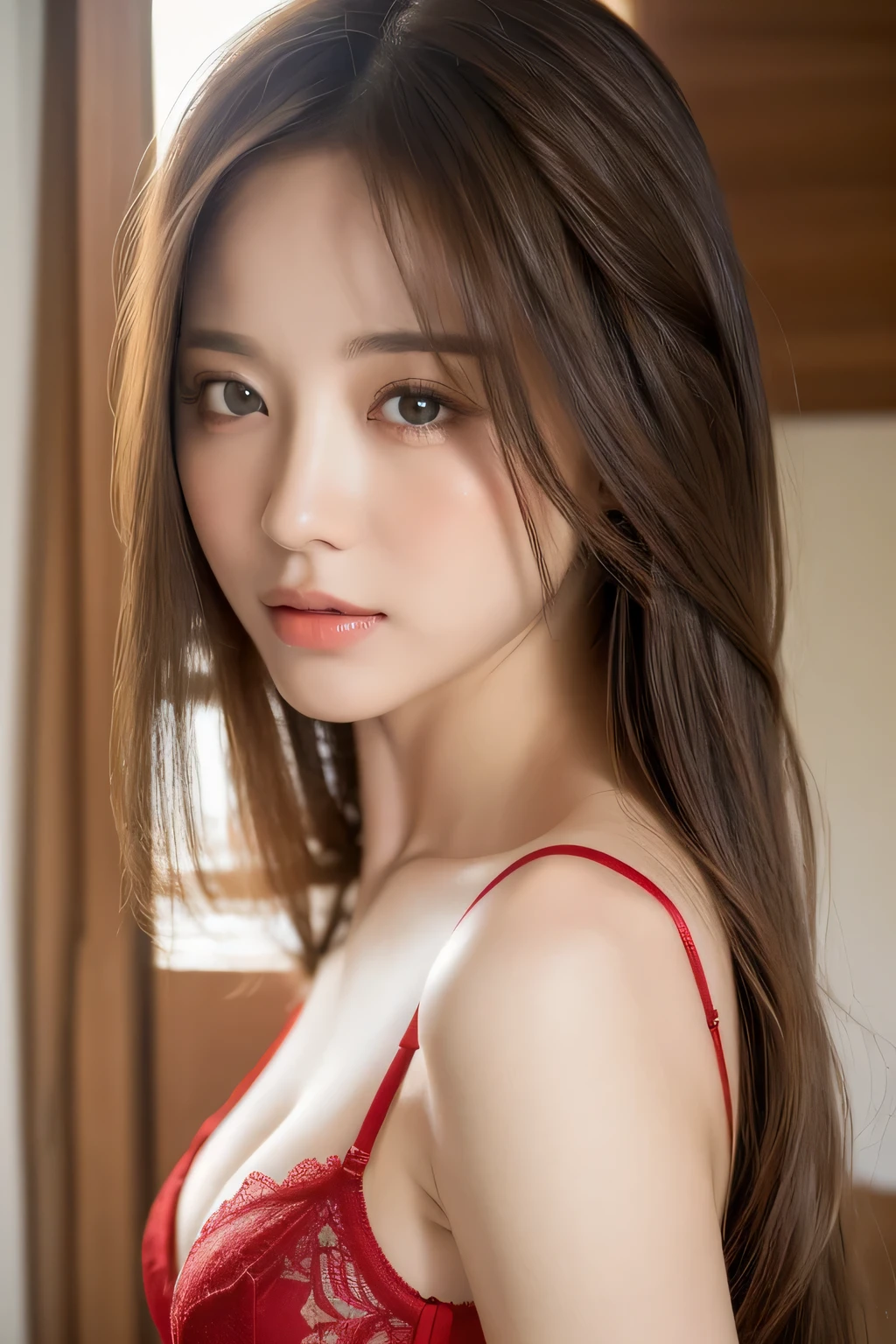 ((highest quality, 8K, masterpiece: 1.3)), concentrate, Cute Girl One, perfect beauty: Asto (layered hairstyles, beautiful breasts)), Red sexy and naughty thong panties、red sexy and naughty bra, Highly detailed face and skin texture, fine eyes, double eyelid, whitening、whole body、sexy pose