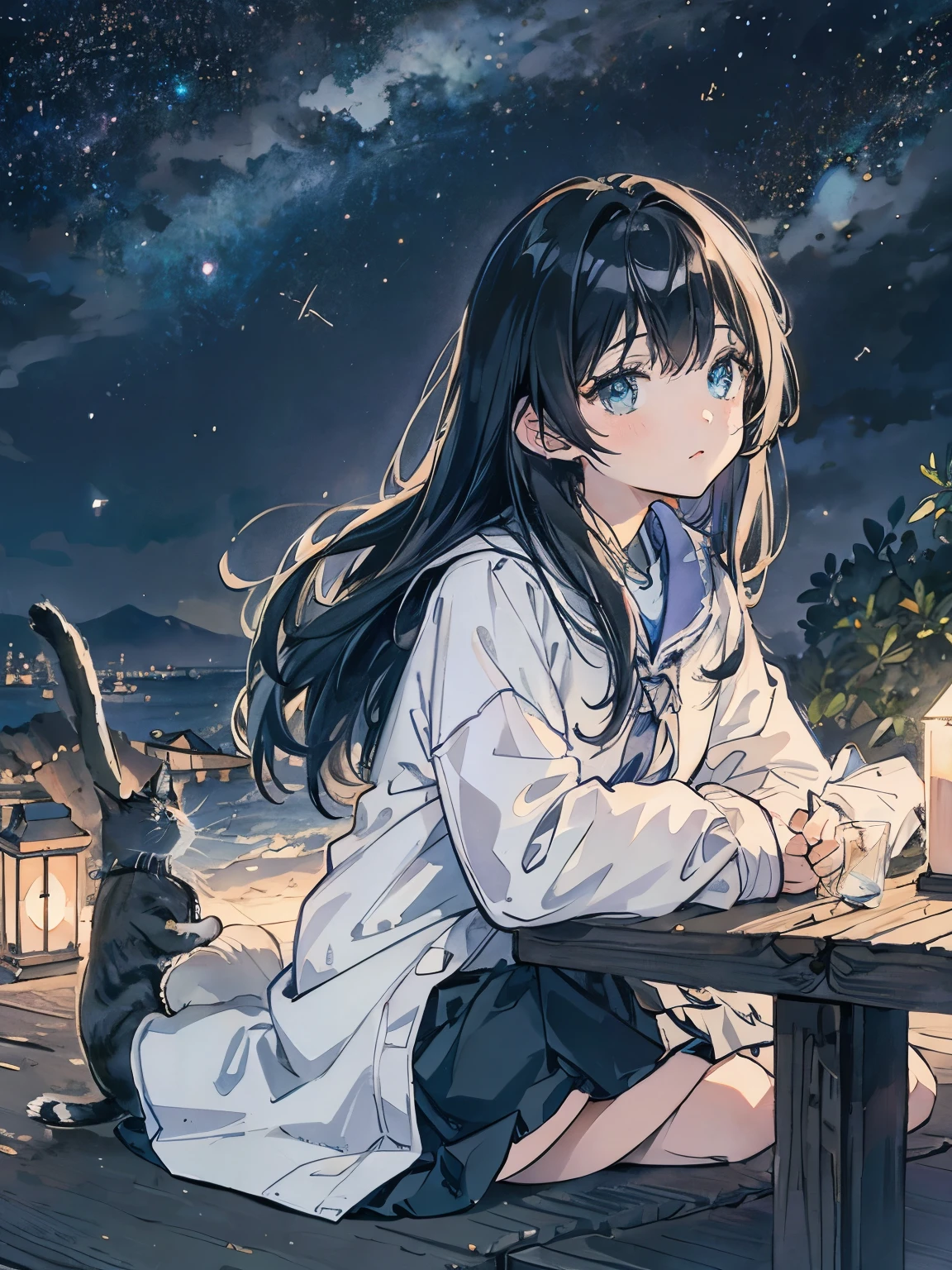 Anime girl sitting on a bench with a cat looking at the sky - SeaArt AI