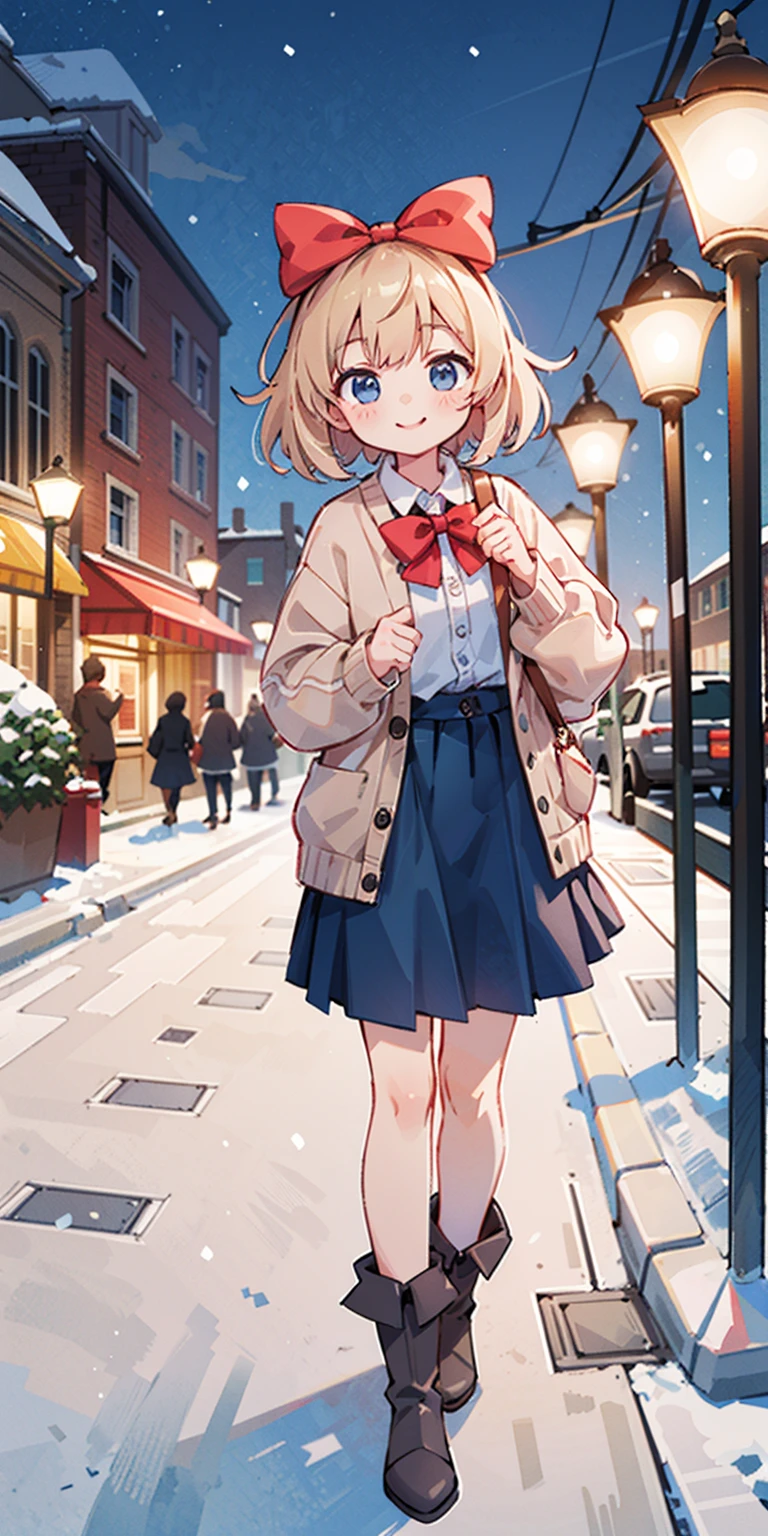 (masterpiece:1.2), best quality, highres, original, (extremely detailed:1.2), ultra-detailed, wallpaper, perfect lighting,(extremely detailed CG:1.2), 8k, anime illustration, 1girl, solo, smiling, (winter outfit:1.2), standing on the street, (knit cardigan:1.1), (bowknot on cardigan:1.25), knee-length skirt, (Ruffled hemline:1.3), winter boots, {delicate|detailed}clothes, (anatomically correct:1.34), close-up, full-body, looking at viewer, frontal, snowy street, (streetlight:1.17), city background, night, unity 4k