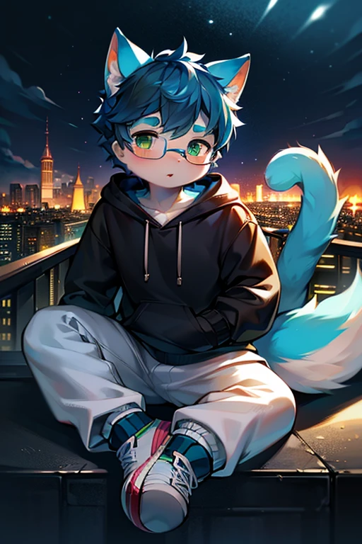 （best quality，4k，8k，high resolution，masterpiece：1.2），Ultra-detailed，（lifelike，lifelike，lifelike：1.37），blue short hair，fluffy，cute，illustration，Shota，digital painting，bright colors，Surreal，pastel color palette，soft light，hairy，Cat，Cat耳朵，Cat尾巴，green eyeale，long tail，personification，hairy艺术风格，blue fur，black hoodie，White loose trousers，sports shoes，city night view，There are God's eyes，Glasses）