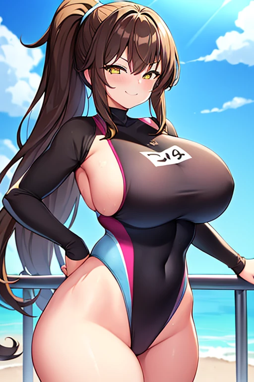 1girl, large breasts, wide hips, thick thighs, brown hair, ponytail, yellow eyes, smirk, smug, smile, one-piece swimsuit, competition swimsuit, black swimsuit, pool, sleeves, long sleeves, yellow trim, yellow line, bare legs