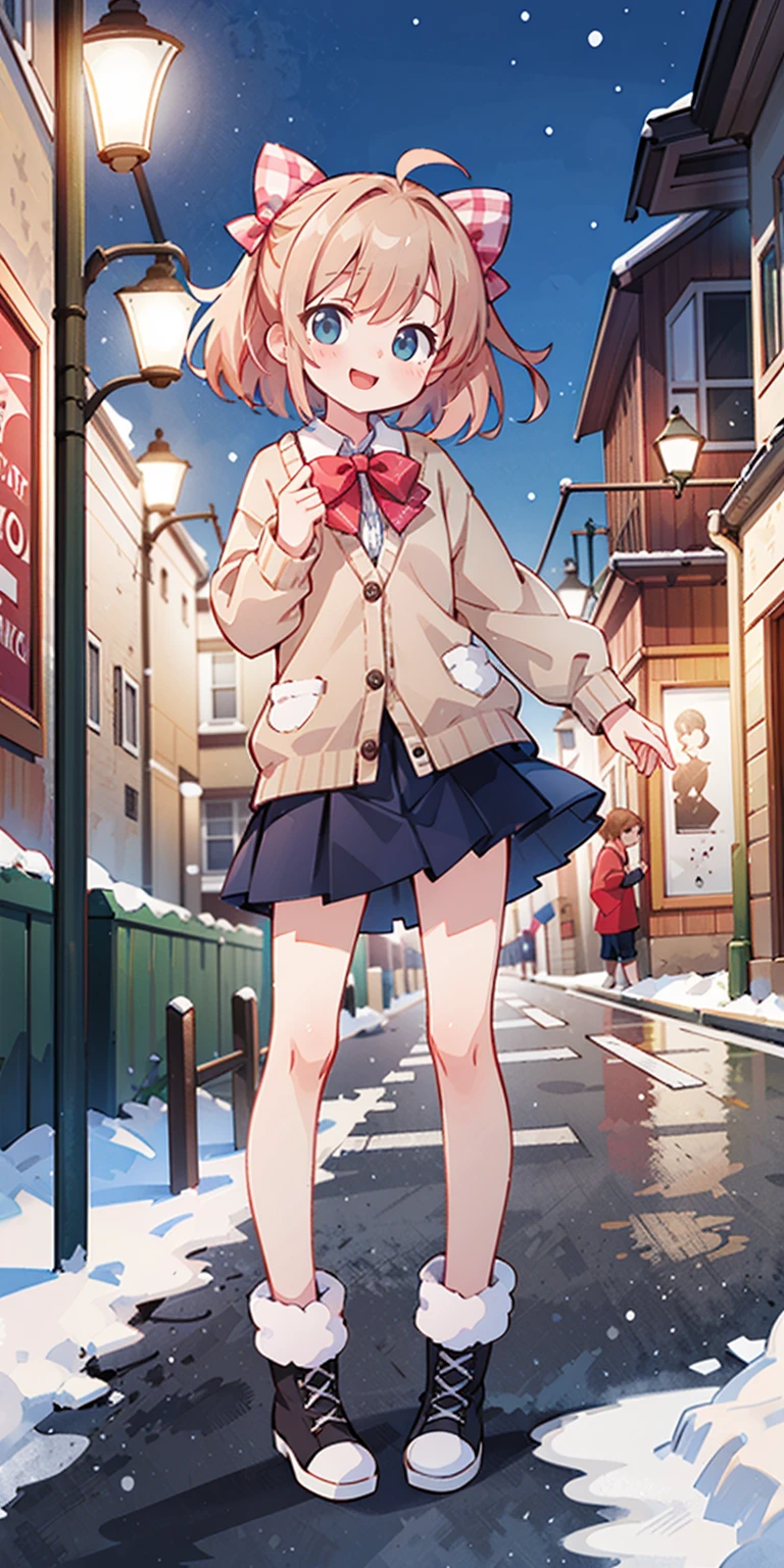 (masterpiece:1.2), best quality, highres, original, (extremely detailed:1.2), ultra-detailed, wallpaper, perfect lighting,(extremely detailed CG:1.2), 8k, anime illustration, 1girl, solo, smiling, (winter outfit:1.2), standing on the street, (knit cardigan:1.1), (bowknot on cardigan:1.25), knee-length skirt, (Ruffled hemline:1.3), winter boots, {delicate|detailed}clothes, (anatomically correct:1.34), close-up, full-body, looking at viewer, frontal, snowy street, (streetlight:1.17), city background, night, unity 4k