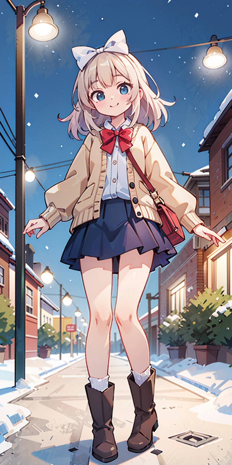 (masterpiece:1.2), best quality, highres, original, (extremely detailed:1.2), ultra-detailed, wallpaper, perfect lighting,(extremely detailed CG:1.2), 8k, anime illustration, 1girl, solo, smiling, (winter outfit:1.2), standing on the street, (knit cardigan:1.1), (bowknot on cardigan:1.25), knee-length skirt, (Ruffled hemline:1.3), winter boots, {delicate|detailed}clothes, (anatomically correct:1.34), close-up, full-body, looking at viewer, frontal, snowy street, (streetlight:1.17), city background, night, unity 4k