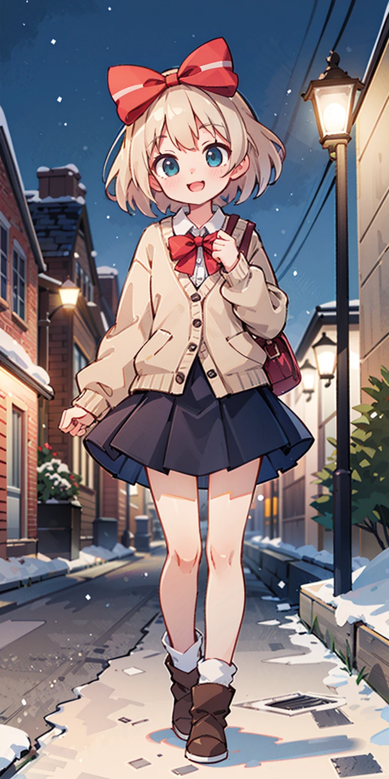 (masterpiece:1.2), best quality, highres, original, (extremely detailed:1.2), ultra-detailed, wallpaper, perfect lighting,(extremely detailed CG:1.2), 8k, anime illustration, 1girl, solo, smiling, (winter outfit:1.2), standing on the street, (knit cardigan:1.1), (bowknot on cardigan:1.25), knee-length skirt, (Ruffled hemline:1.3), winter boots, {delicate|detailed}clothes, (anatomically correct:1.34), close-up, full-body, looking at viewer, frontal, snowy street, (streetlight:1.17), city background, night, unity 4k
