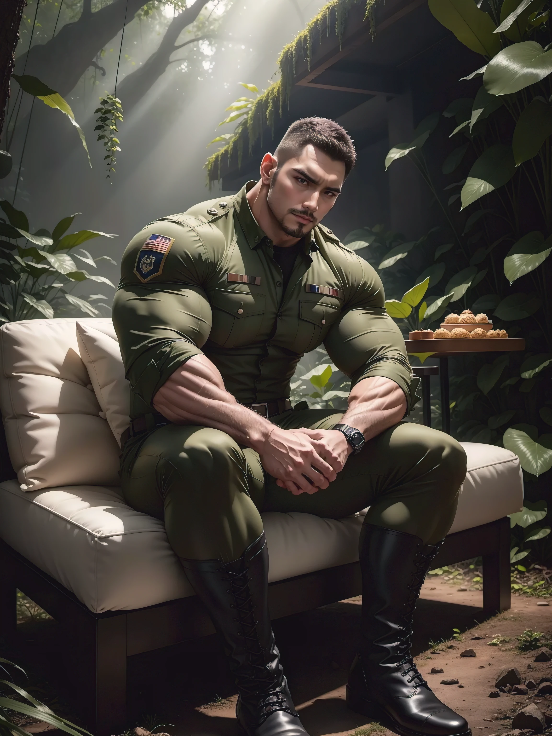 Sad frowning High giant muscular man sitting in the forest，Dark brown camouflage military uniform，character idea（Resident Evil - chris redfield，chris redfield）His hairstyle  a crew cut，身穿Dark brown camouflage military uniform，Matte texture，Soft and comfortable sofa，Sitting in an eerie sugar cane jungle, The body  wrapped in thick rattan，Sad expression，Deep and charming eyes，Sapphire Eyes Actor，heroic male pose，高urly，muscular！Charming leg muscles，High, burly, Heqiang， 身穿Dark brown camouflage military uniform， Super gain and cool， high resolution committee， Big feet in black boots，Charming strong man，The bright sunshine shines on you，matte particles，shiny texture