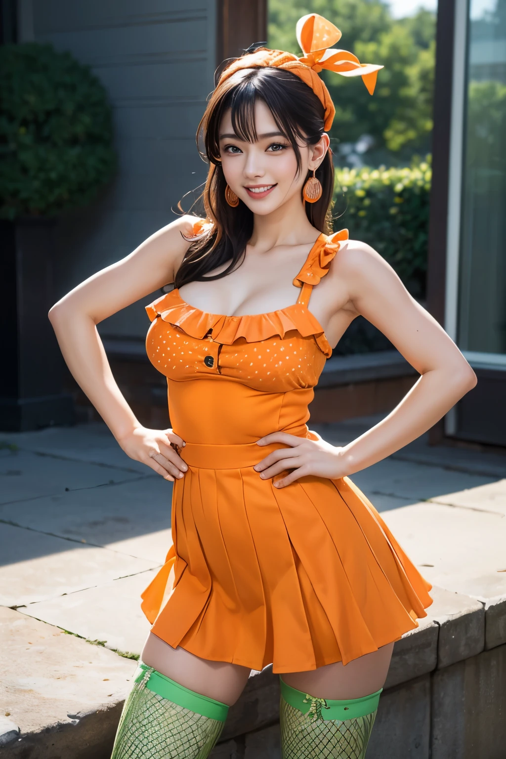 (high-level image quality, high-detail, high quality, high resolution, Draw everything in high resolution), (full body shot:1.2), (one hand on hip:1.4), standing, (huge and sagging breast:1.2), cleavage, Very intense crystal light blue eyes, Very pale blue eyes, pink heart-shaped earrings, Look firmly at the camera, Put your ears out, short black hair with a beautiful sheen, Beautiful very short beautiful hair with bangs, Show off all the beautiful décolletés, Beautiful 20 years old, lip gloss, long neck, happily laughing, Smiling very happily, Beautiful teeth alignment, Beautiful teeth, Beautie, Pretty Woman, BREAK, (a woman wearing a highly saturated (orange, tangerine) and green theme:1.4), (tone on tone:1.3), (wearing tangerine [[crochet]] hat:1.4), (green ribbon:1.4), (sleeveless (orange:1.1) and (white:0.7) [polka dot pattern] sundress:1.4), (bare shoulders:1.3), (suspenders with ruffles:1.2), (green belt with ribbon:1.3), (orange tiered skirt with ruffles:1.3), (platform HIGH boots:1.1), (green ribbon on head:1.3), BREAK, (fishnet stockings:1.3), (earrings shape of mandarin oranges:1.2), illuminate the back with very strong light from the large windowsill, Very immaculate background, Really snow-white background, Slightly bigger eyes, Brings intense light to the eyes, Beauty with slightly wider shoulders, tall pop idol, Long-legged supermodel, Female sexy, Turn your face slightly to the side, Very mature and beautiful woman, Very small face