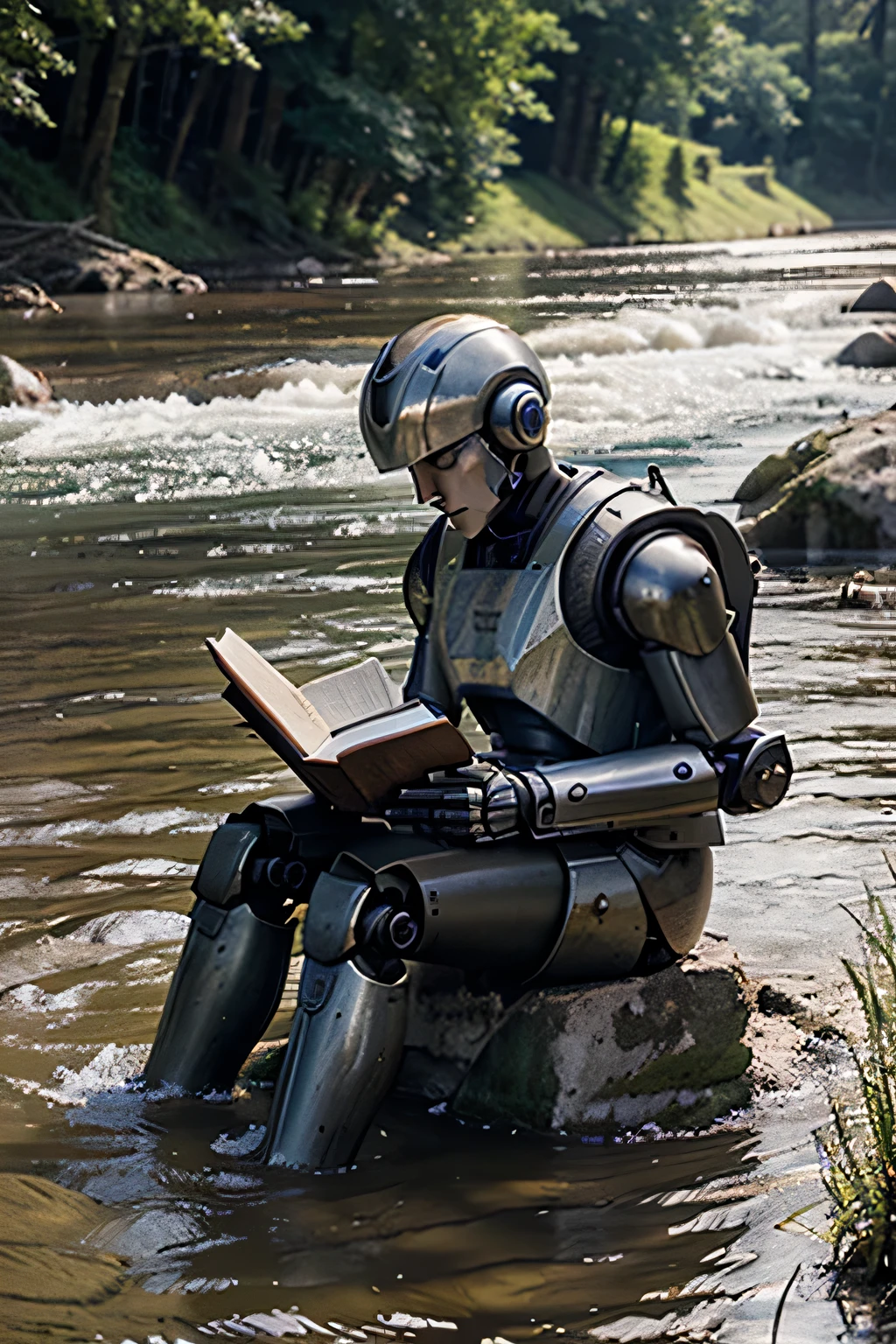 1900 robot sitting in a river while reading a book