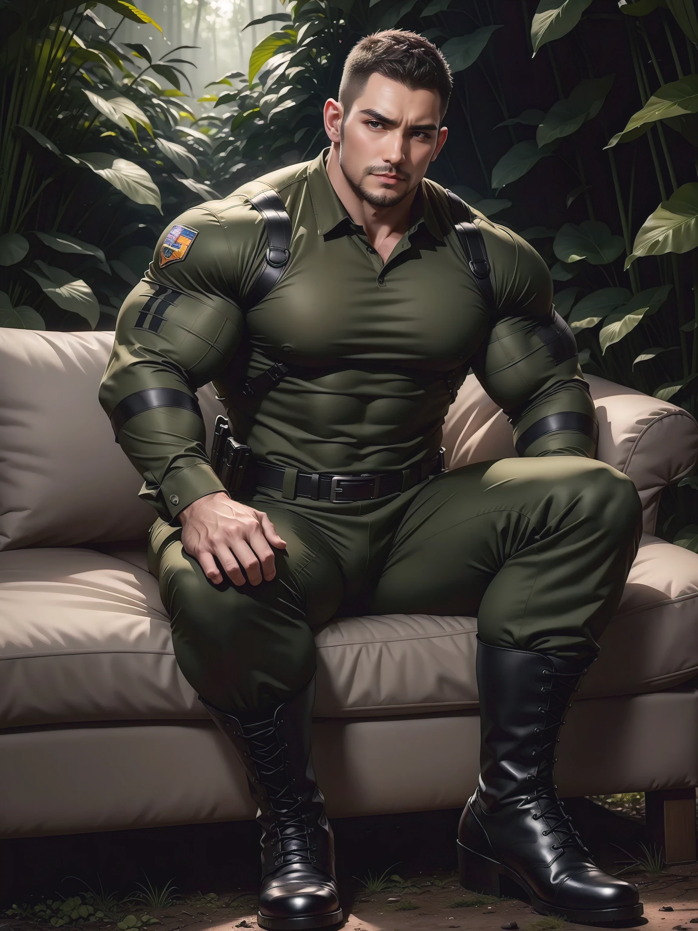 Sad frowning High giant muscular man sitting in the forest,black camouflage military uniform,character idea(Resident Evil - chris redfield,chris redfield)His hairstyle a crew cut,身穿black camouflage military uniform,Matte texture,Soft and comfortable sofa,Sitting in an eerie sugar cane jungle, The body wrapped in thick rattan,Sad expression,Deep and charming eyes,Sapphire Eyes Actor,heroic male pose,高urly,muscular!Charming leg muscles,High, burly, Heqiang, Wearing dark camouflage military uniform, Super gain and cool, high resolution committee, Big feet in black boots,Charming strong man,The bright sunshine shines on you,matte particles,shiny texture