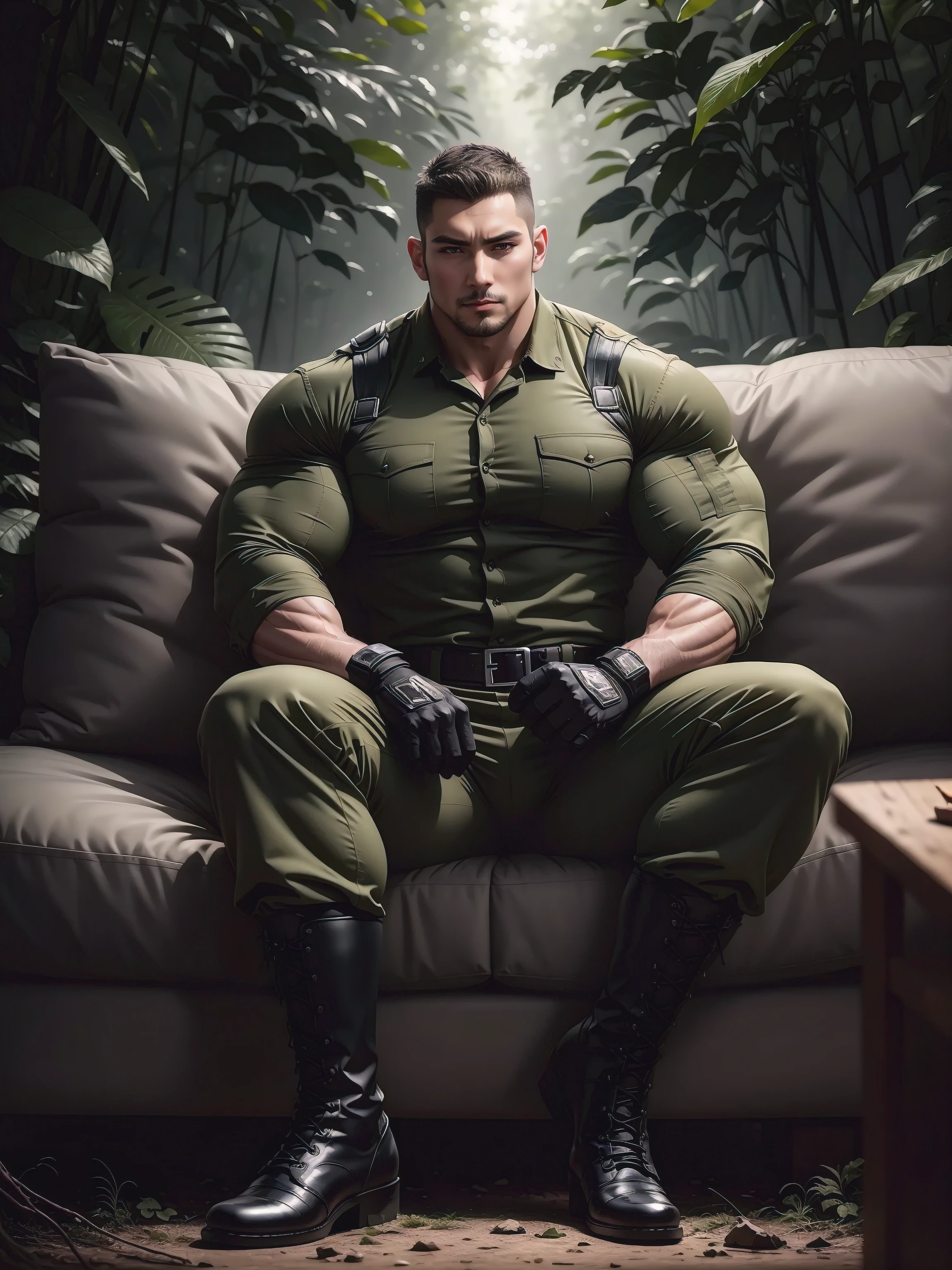 Sad frowning High giant muscular man sitting in the forest,black camouflage military uniform,character idea(Resident Evil - chris redfield,chris redfield)His hairstyle a crew cut,身穿black camouflage military uniform,Matte texture,Soft and comfortable sofa,Sitting in an eerie sugar cane jungle, The body wrapped in thick rattan,Sad expression,Deep and charming eyes,Sapphire Eyes Actor,heroic male pose,高urly,muscular!Charming leg muscles,High, burly, Heqiang, Wearing dark camouflage military uniform, Super gain and cool, high resolution committee, Big feet in black boots,Charming strong man,The bright sunshine shines on you,matte particles,shiny texture