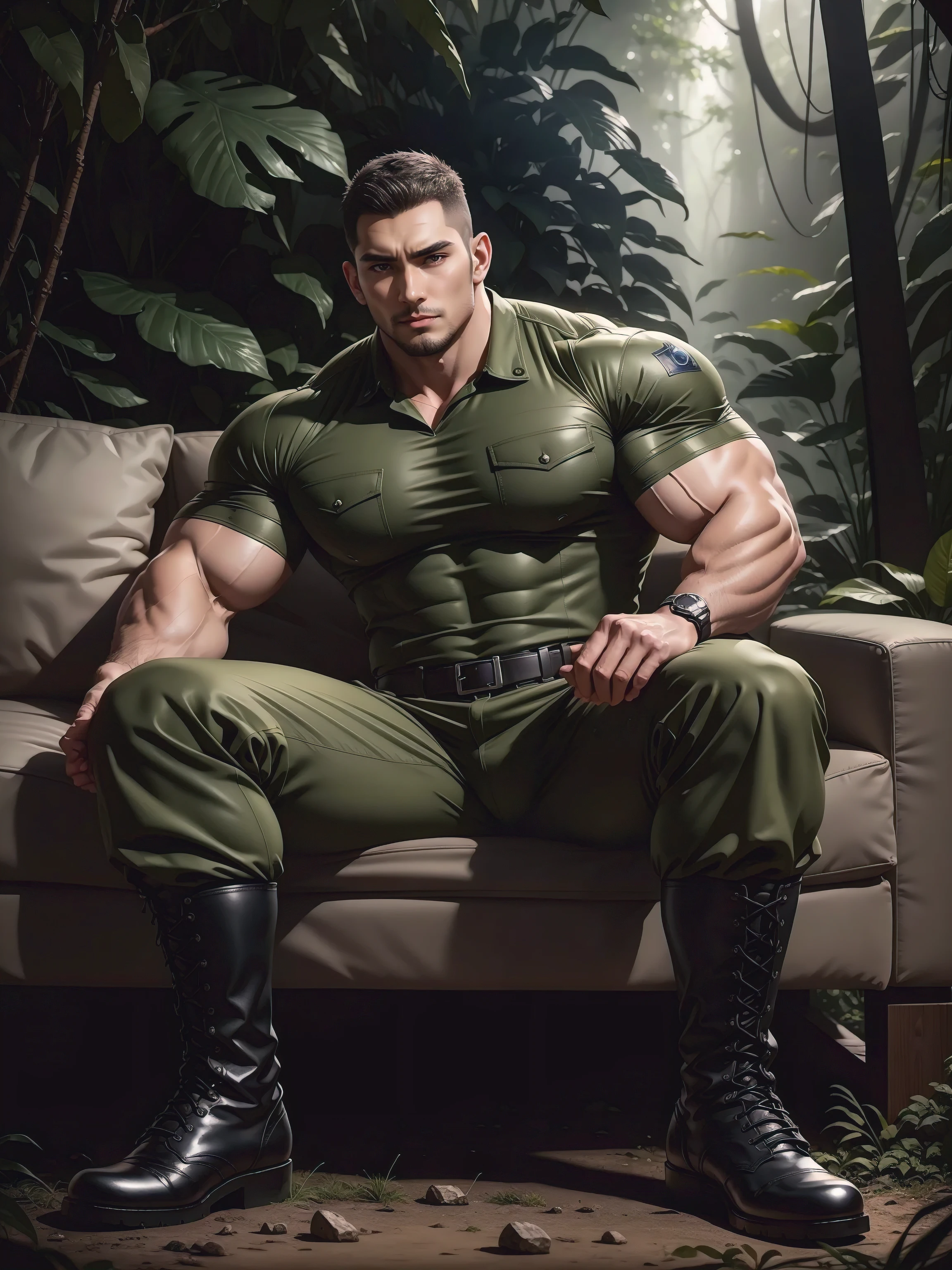 Sad frowning High giant muscular man sitting in the forest，black camouflage military uniform，role conception（Resident Evil - chris redfield，chris redfield）His hairstyle  a crew cut，身穿black camouflage military uniform，matte texture，Soft and comfortable sofa，Sitting in the eerie sugar cane jungle, The body  wrapped in thick rattan，Sad expression，Deep and charming eyes，Sapphire eye male protagonist，heroic male pose，Tall and burly，muscular！Charming leg muscles，High, muscular, Heqiang， Wearing dark camouflage military uniform， Super gain and cool， high resolution committee， Big feet in black boots，Charming strong man，The bright sunshine shines on you，Matte particles with shiny texture