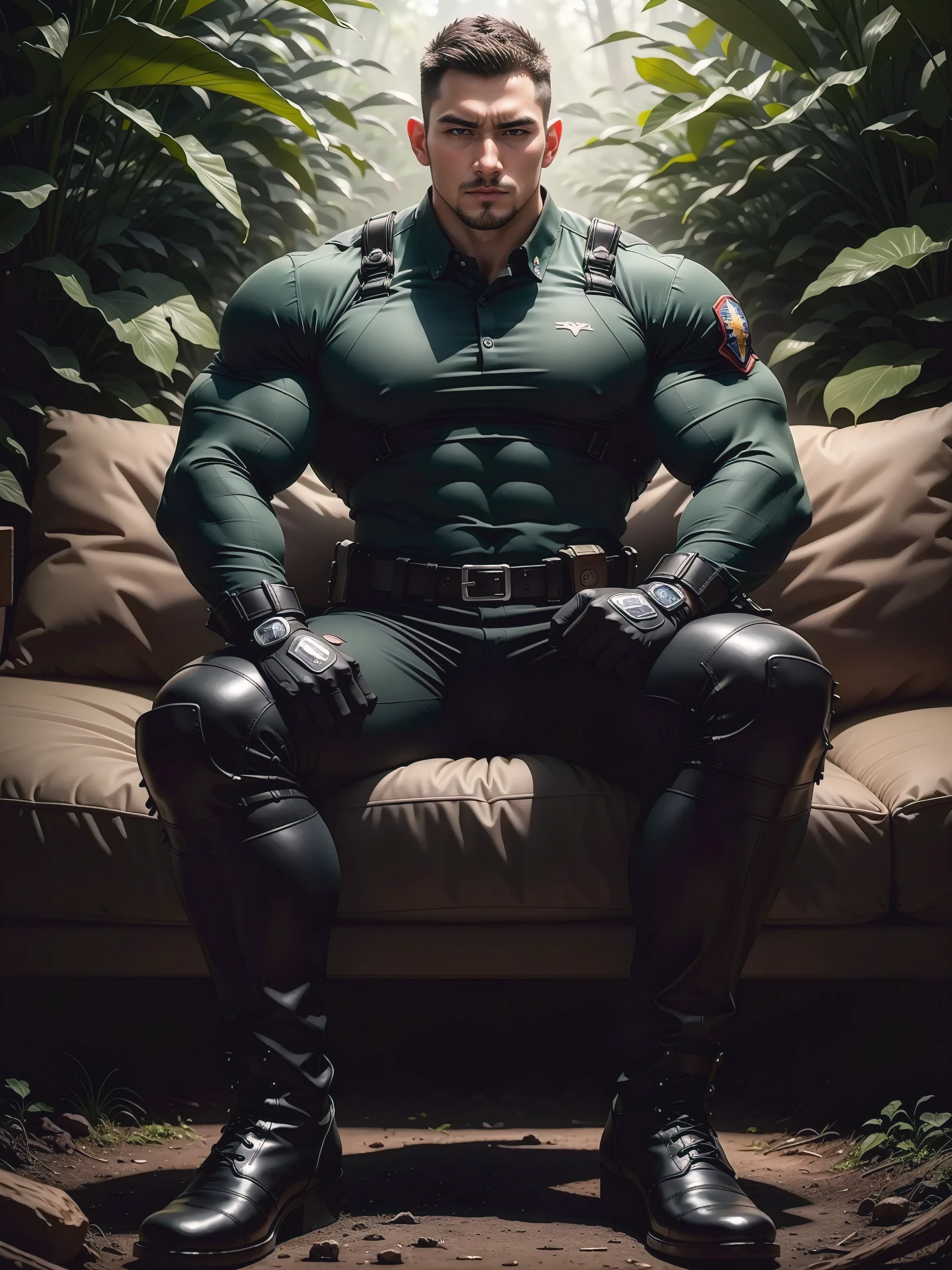 Sad frowning High giant muscular man sitting in the forest，black camouflage military uniform，role conception（Resident Evil - chris redfield，chris redfield）His hairstyle  a crew cut，身穿black camouflage military uniform，matte texture，Soft and comfortable sofa，Sitting in the eerie sugar cane jungle, The body  wrapped in thick rattan，Sad expression，Deep and charming eyes，Sapphire eye male protagonist，heroic male pose，Tall and burly，muscular！Charming leg muscles，High, muscular, Heqiang， Wearing dark camouflage military uniform， Super gain and cool， high resolution committee， Big feet in black boots，Charming strong man，The bright sunshine shines on you，Matte particles with shiny texture