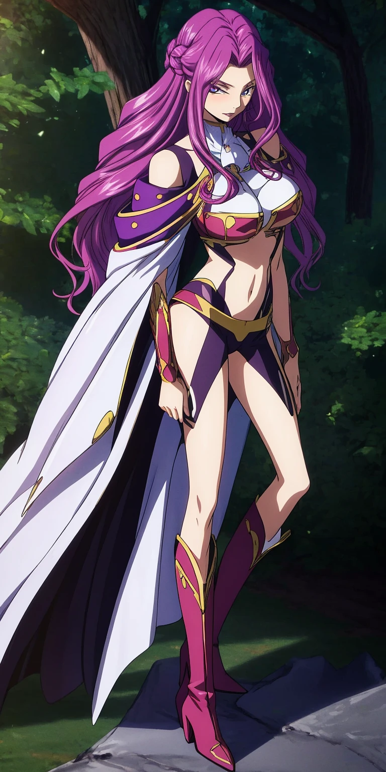 cornelia_li_britannia, huge breasts, solo, masterpiece, best quality, detailed face, detailed eyes, highres, code Geass Corneille purple eyes purple hair purple lip, (BEST lighting) , (ultra intricately detailed) , 4K unification, (super-detailed CG: 1.2) , (8K: 1.2),(Original), (Masterpiece) , (Best quality),(Masterpiece:1.4),Anime-ish high quality,(Masterpiece),Masterpiece, Super clear picture quality,Clearer than movieine face)Best quality, absurdereasterpeace, 4K, 8K, Yes, A high resolution))1girll, schoolgirls,She was in the garden,standing on your feet,Exposing the abdomen, Crop topping,There are bulges of dense veins on the arms,Spring, Boots, Perfect figure, Long silver hair, Dynamic pose,Legs exposed,Strong leg muscleody builder:1.5)),Spring Garden,(Beautiful bace),(Girl),(Female),(((Upper body:1)))