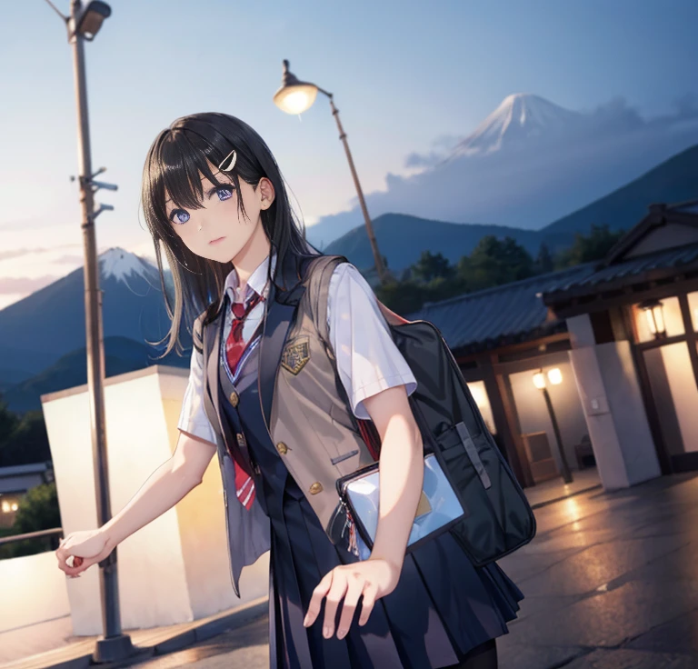 maisakurajima, sakurajima mai, long hair, bangs, black hair, hair ornament, (purple eyes:1.1), hairclip,
BREAK skirt, shirt, school uniform, white shirt, short sleeves, pantyhose, pleated skirt, collared shirt, blue skirt, black pantyhose, red necktie, jacket, brown jacket,
BREAK outdoors, city,
BREAK looking at viewer, BREAK (masterpiece:1.2), best quality, high resolution, unity 8k wallpaper, (illustration:0.8), (beautiful detailed eyes:1.6), extremely detailed face, perfect lighting, extremely detailed CG, (perfect hands, perfect anatomy),