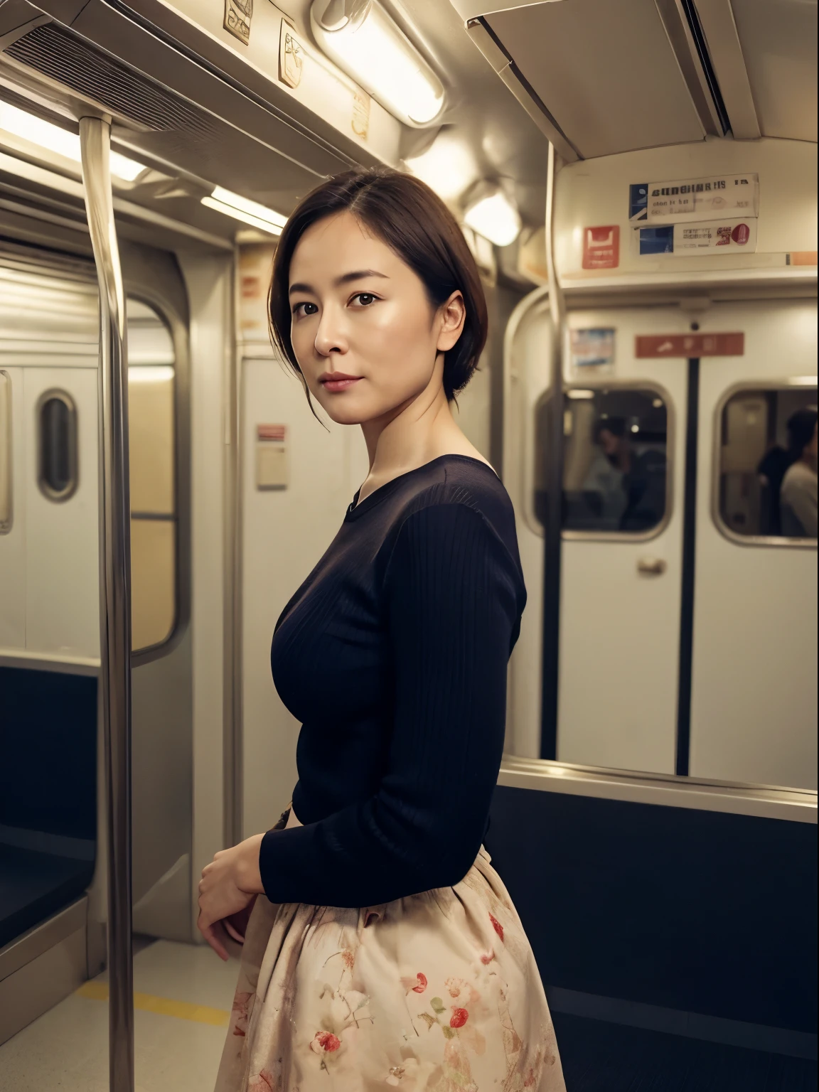 in 8K、Raw photography、Highest Quality、realisitic、Photorealsitic、Professional Lighting、masterpiece、Very delicate and beautiful woman)..A woman looking back at me and stands on empty subway that no one else on board. wearing a knit and a long skirt. .45 years old. Has big breasts of J cup.,Rounded buttocks,Beautiful woman with slender,looking camera,Wear clothing that does not expose too much skin.Suspicious expressions