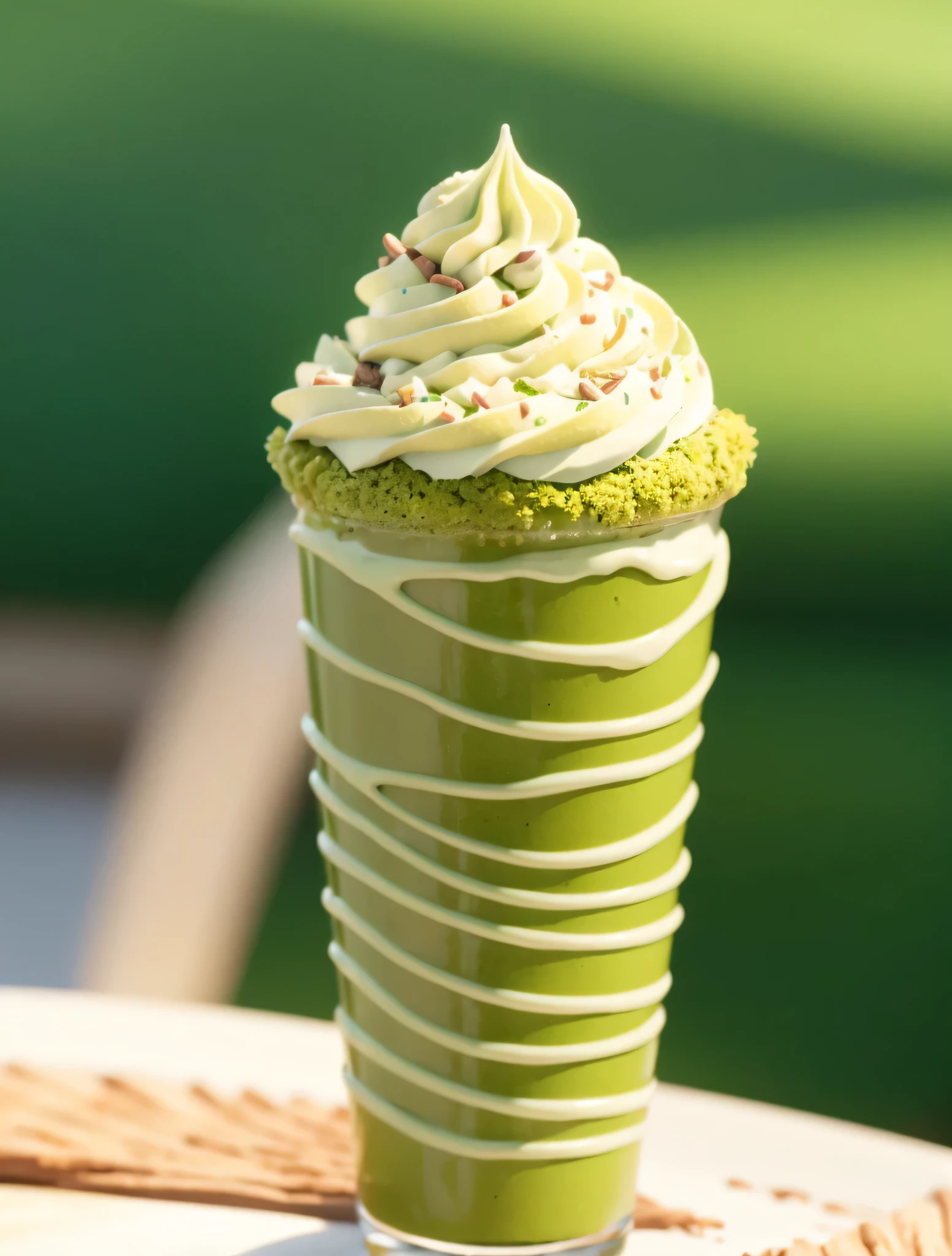 matcha cream cheese,illustration,soft creamy texture,delicious swirls,tempting chocolate drizzle,crumbs,satisfyingly rich flavor,(best quality,4k,highres,masterpiece:1.2),(realistic:1.37),(vivid colors:1.1),mouthwatering treat,artistic presentation,creative composition,subtle lighting,calming green color palette