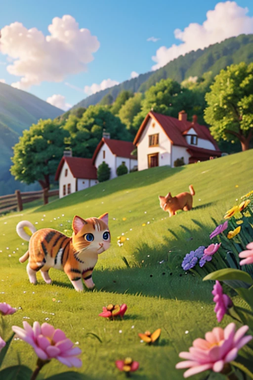 best quality,4k,8k,highres,masterpiece:1.2,ultra-detailed,realistic:1.37,nature,lush greenery,sunlight streaming in,beautiful mountain landscape,farmhouse in the background,cute little blind kitten sitting in the grass,joyful expression on the kitten's face,tiny paws touching the flowers,butterflies fluttering around the kitten,soft fur with intricate details,playful interaction with other farm animals,friendly cow approaching the kitten,fluffy clouds in the sky,storybook illustration style,colorful and vibrant palette,warm sunlight illuminating the scene,peaceful and serene atmosphere.