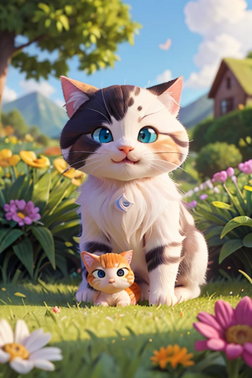 best quality,4k,8k,highres,masterpiece:1.2,ultra-detailed,realistic:1.37,nature,lush greenery,sunlight streaming in,beautiful mountain landscape,farmhouse in the background,cute little blind kitten sitting in the grass,joyful expression on the kitten's face,tiny paws touching the flowers,butterflies fluttering around the kitten,soft fur with intricate details,playful interaction with other farm animals,friendly cow approaching the kitten,fluffy clouds in the sky,storybook illustration style,colorful and vibrant palette,warm sunlight illuminating the scene,peaceful and serene atmosphere.