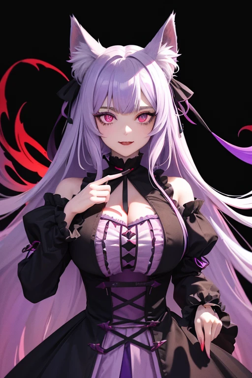 Long haired 18-year wolf woman with pastel Purple hair with heterochromia one blue eye and red eye with sharp teeth wearing a Victorian dress that is Red and black (SFW)