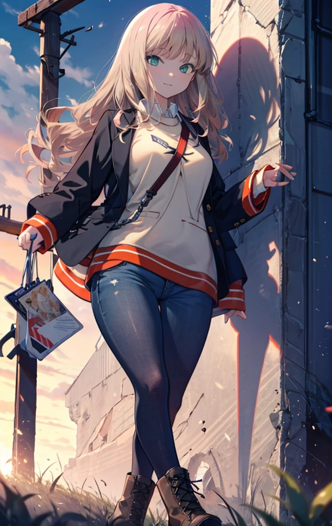 (software), masterpiece, highest quality, highres 64k, professional artwork, famous works of art, clean, cinematic lighting, beautiful eyes + detailed, beautiful hair + detailed, ( medium breasts, breastfeeding), minami yume:1.2, green eyes, Medium breasts,large size sweater,Short jeans,black tights,brown short boots,In town,smile,noon,walking