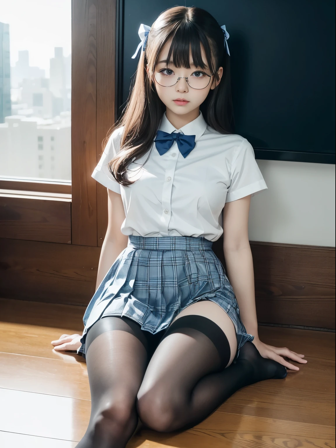 (I can see my underwear)、((細いeye))、((細いeye))、((細いeye))、(8K、生photographgraphy、highest quality、masterpiece：1.2),、small、(flat chest)、(flat chest)、(flat chest)、(flat chest)、(flat chest)、(Are thin)、Fair skin、Whitening、dark look、skinny,sex appeal,Fair skin肌,Saucy,School,looking at the viewer,looking straight ahead,Plump,high-pitched clothes,erotic,students,white skin,knees,((black pantyhose)),disorganized,small face,,I can see the forehead,Bangs hanging from the left and right sides of the forehead,(cold look,eyeがきつめ,glare,bullish,anger)、masterpiece,highest quality、ultra high resolution,生photograph,beautiful,beautiful,There is only one person, solo,Glasses,,dark look,small breasts same,full body,(まるGlasses),JK uniform,high school girl,japanese woman, （photorealistic：1.37）、photon mapping,Reality、beautiful woman,cute ,ブラウンeye、black socks、(red bow tie)、radio city、Physically based rendering、depth of field rally background、photograph,body,beautiful feet, long legs, thin legs,(I can see my bangs), Hairy pubic area, lips, blue_eye, nose soft,(light blue dress shirt), (Navy, blue and white plaid pleated skirt), kneesが見える,transparent clothing,, Peaches, black cotton socks,Nogizaka Idol, , japanese idol