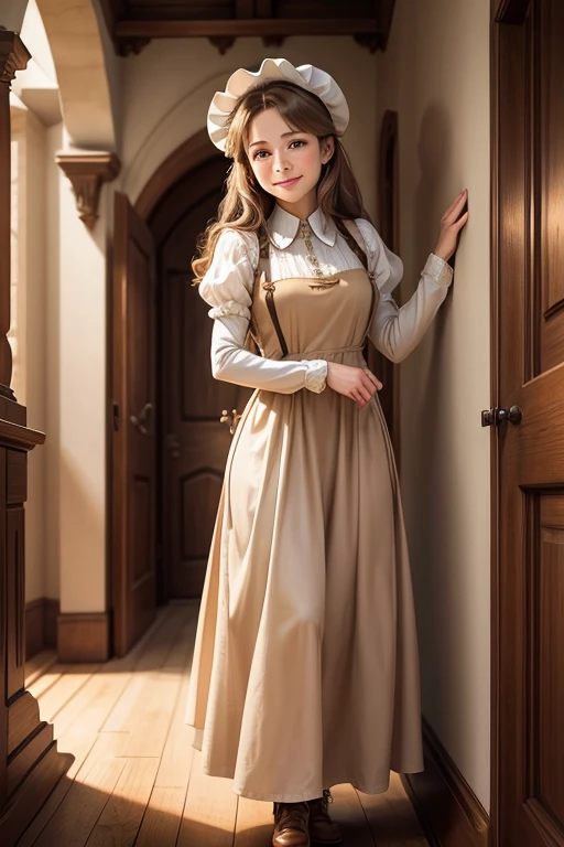 solo front Aunt 40Lady of the stand smile light brown hair Maid clothes Maid Cap Corridor of a medieval Western-style building