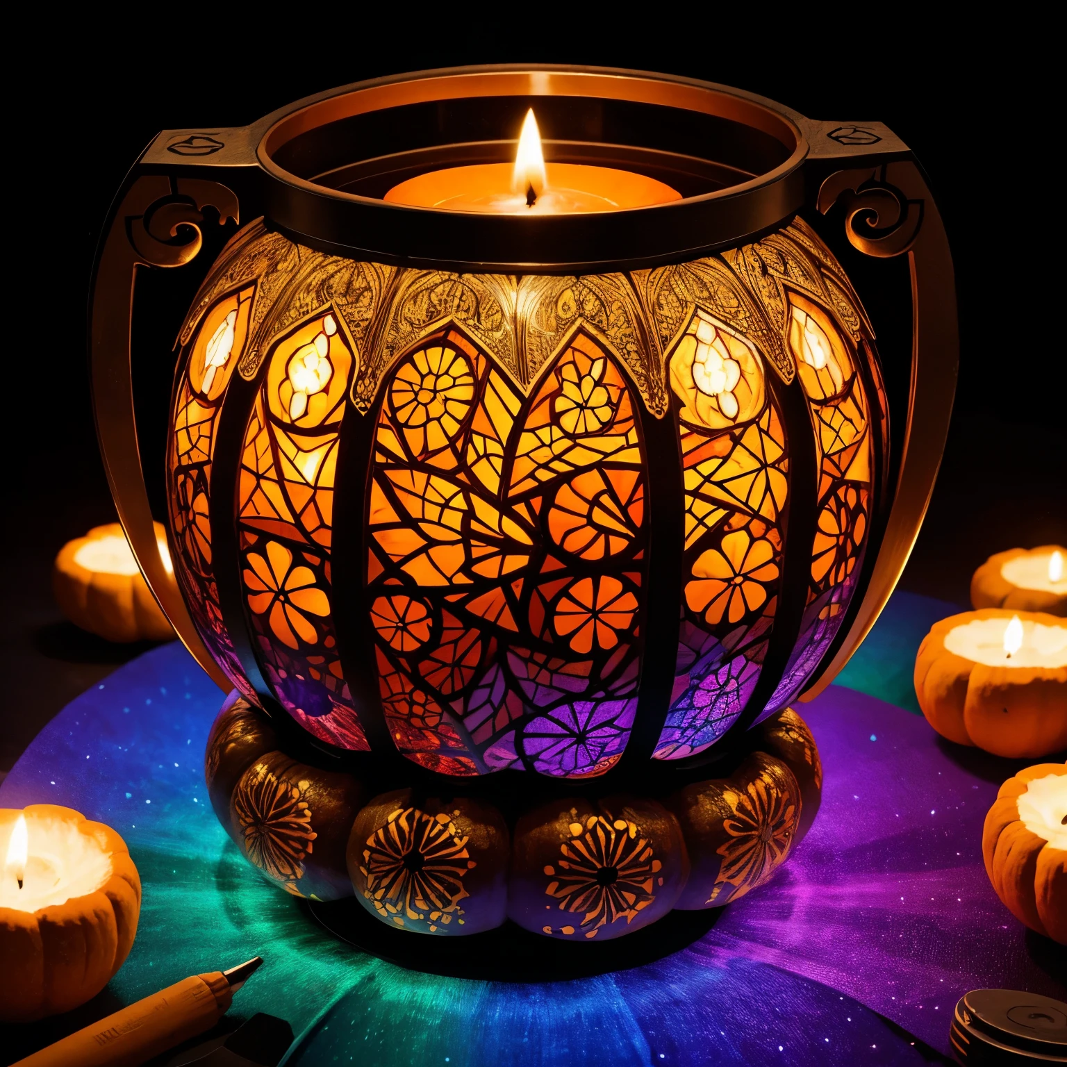 best quality, 32k, RAW photo, incredibly absurdres, extremely detailed, artwork, pumpkins carved in a kaleidoscope and colored colorfully, dark background, light up, delicate, flashy and dynamic depiction